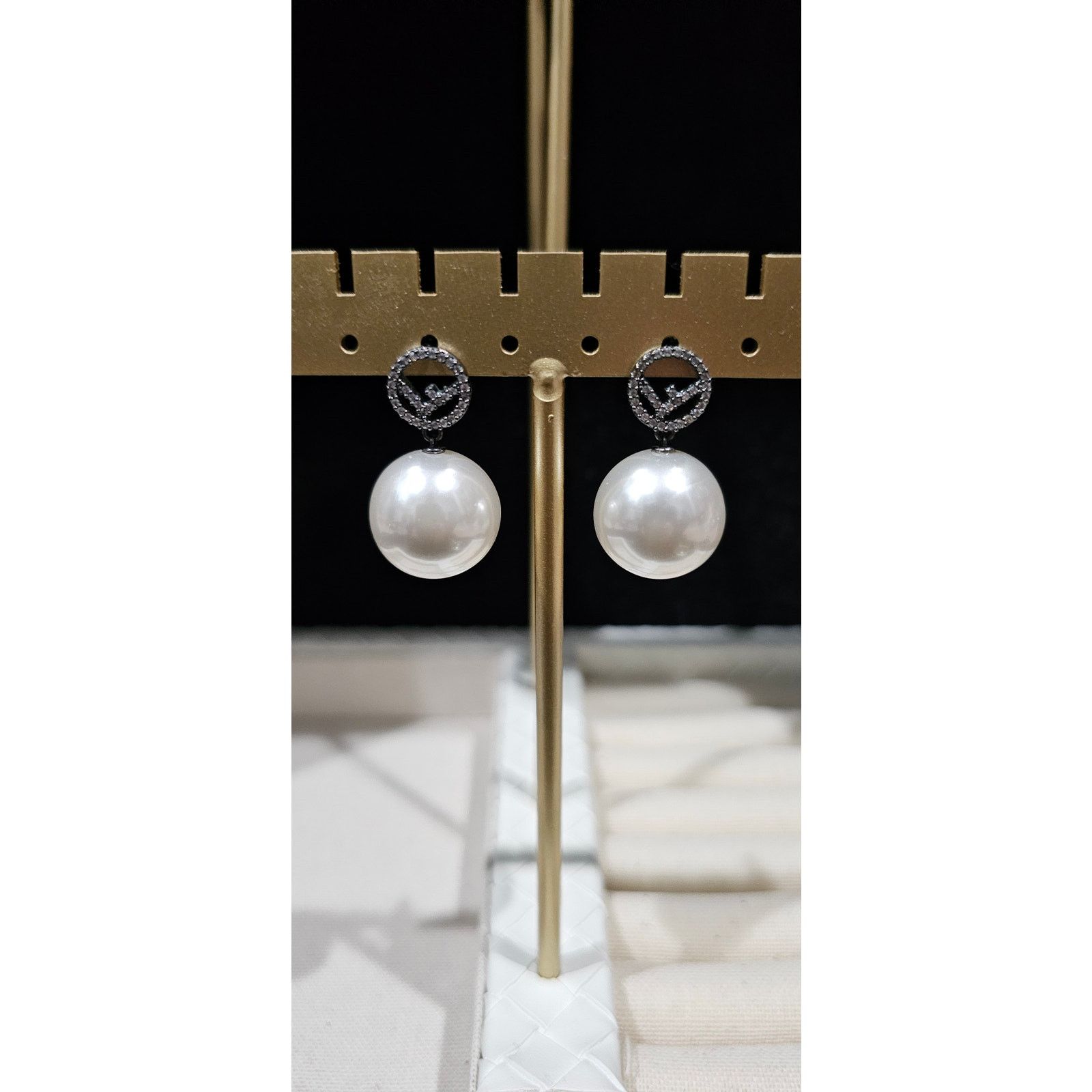 Fendi Fendi Gun Metal Rhinestone Pearl Logo Earrings Size ONE SIZE - 5 Thumbnail