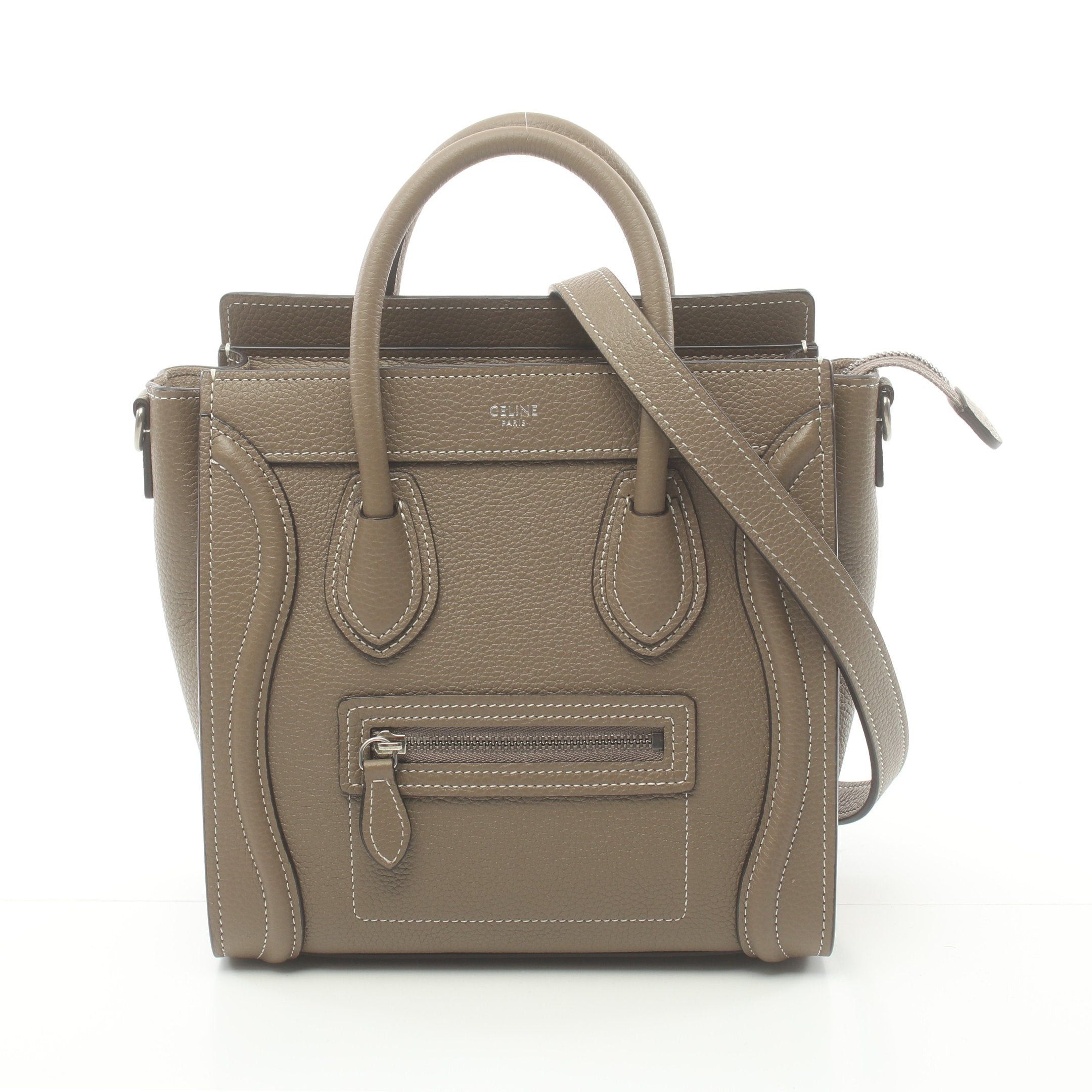 image of Celine Luggage Nano Shopper Handbag Leather Gray Beige 2Way, Women's