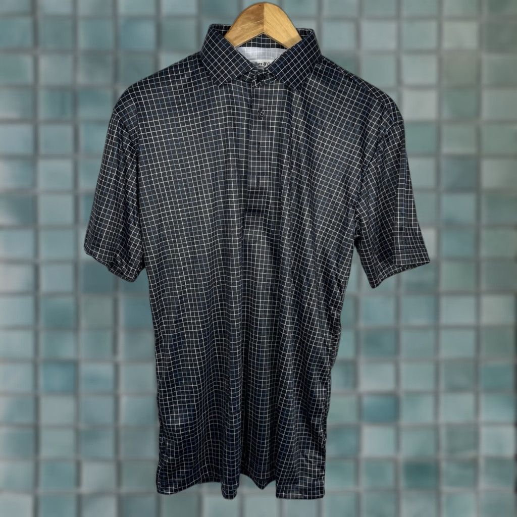 Collars & Co Button Down Polo Dress Shirt Mens Medium Black Check Stretch NWOT