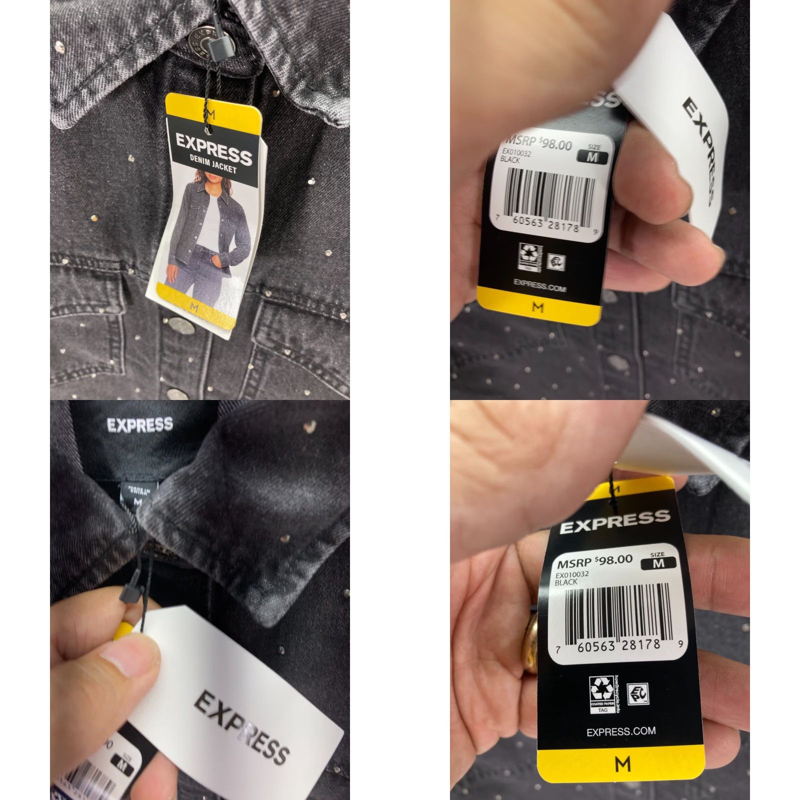Express Express Jeans Denim Jacket Womens M Black Snap Front Rhinestone Western NWT Size 32" / US 10 / IT 46 - 8 Thumbnail