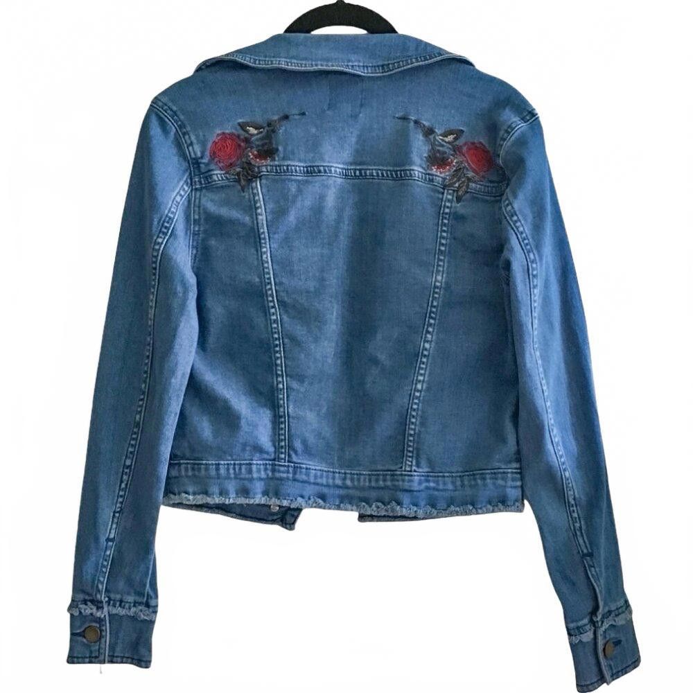 Designer Stylish Blue Denim Jacket with Floral Embroidery Size XS / US 0-2 / IT 36-38 - 3 Thumbnail