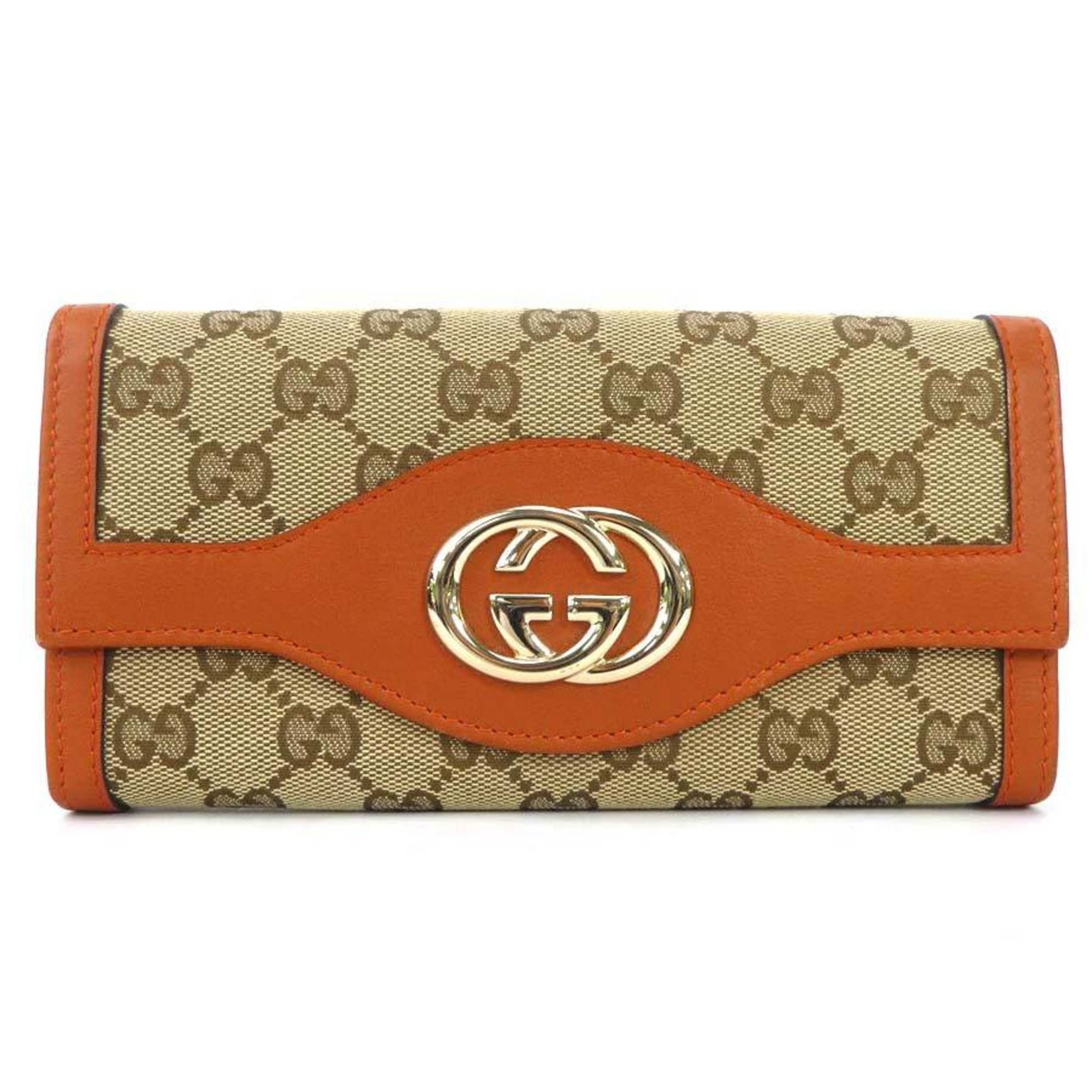 image of Gucci Folio Long Wallet GG Canvas Canvas/leather Beige/orange Gold Unisex 282431 in Black, Women's