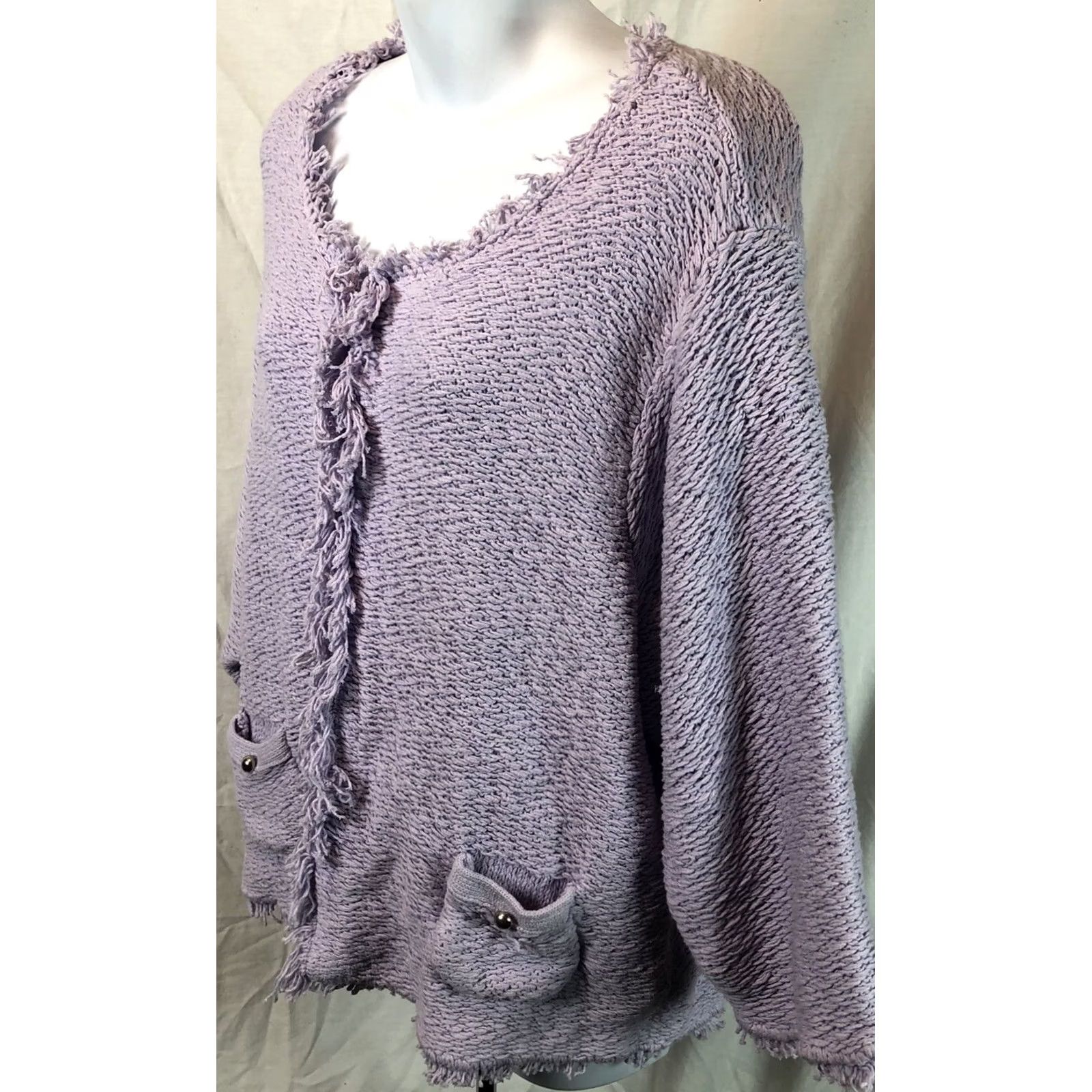 Vintage Roz & Ali Sweater 3X purple Chunky Crochet 3/4 sleeve Fringe Cottage Coquette Size XXL / US 16-18 / IT 52-54 - 2 Thumbnail