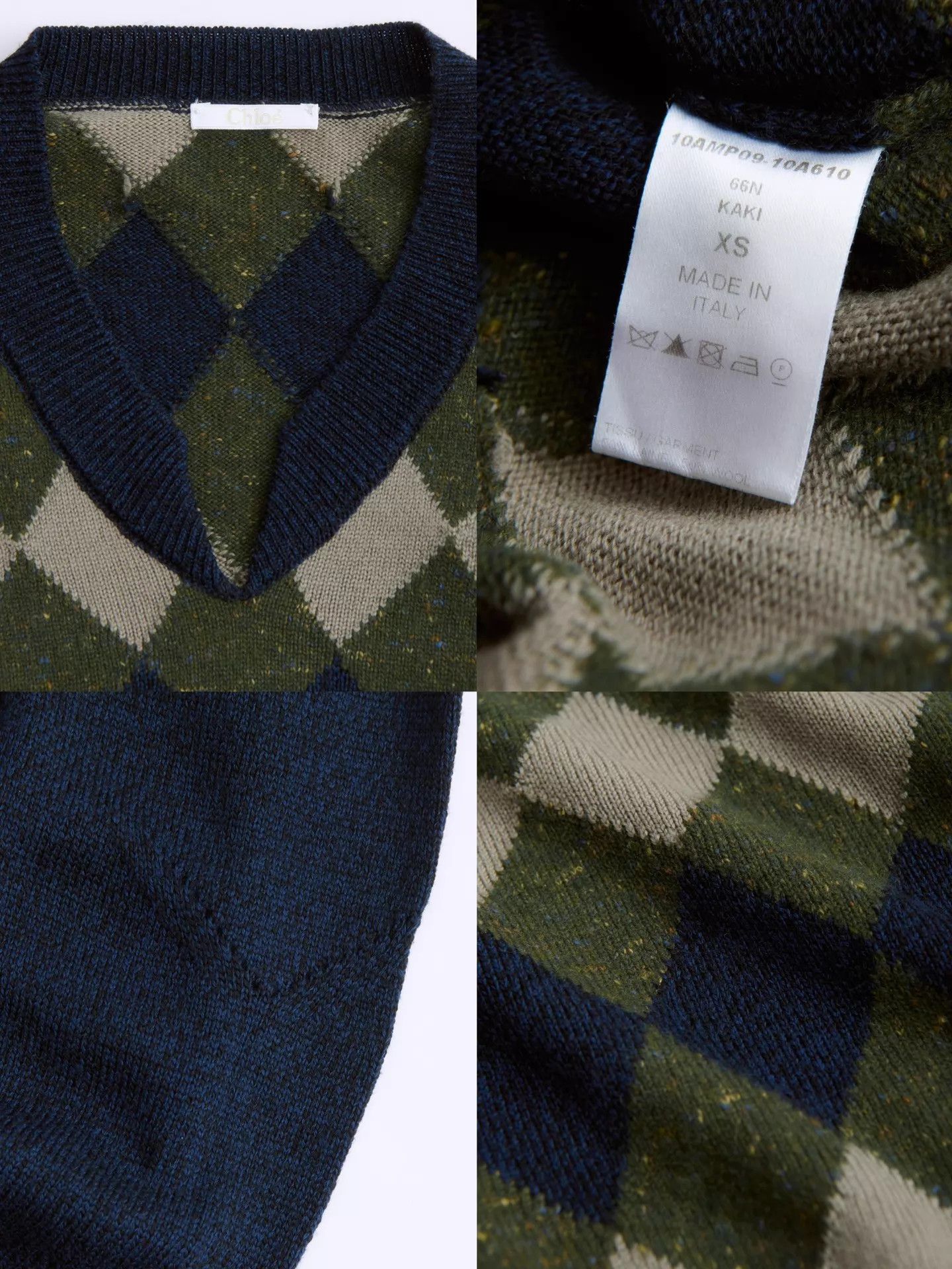 Chloe CHLOE ARGYLE V-NECK KNIT SWEATER MILITARY/NAVY/BEIGE Size XS / US 0-2 / IT 36-38 - 9 Thumbnail