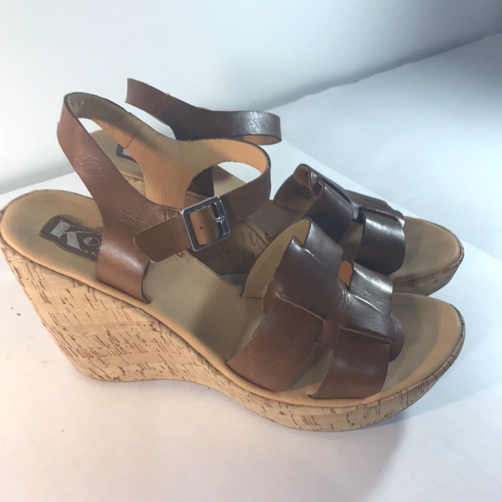Vintage VINTAGE Korks By Kork Ease Women's Leather Wedges Sandals Size 10 Brown 4in Heel Ankle Strap Size US 10 / IT 40 - 3 Thumbnail