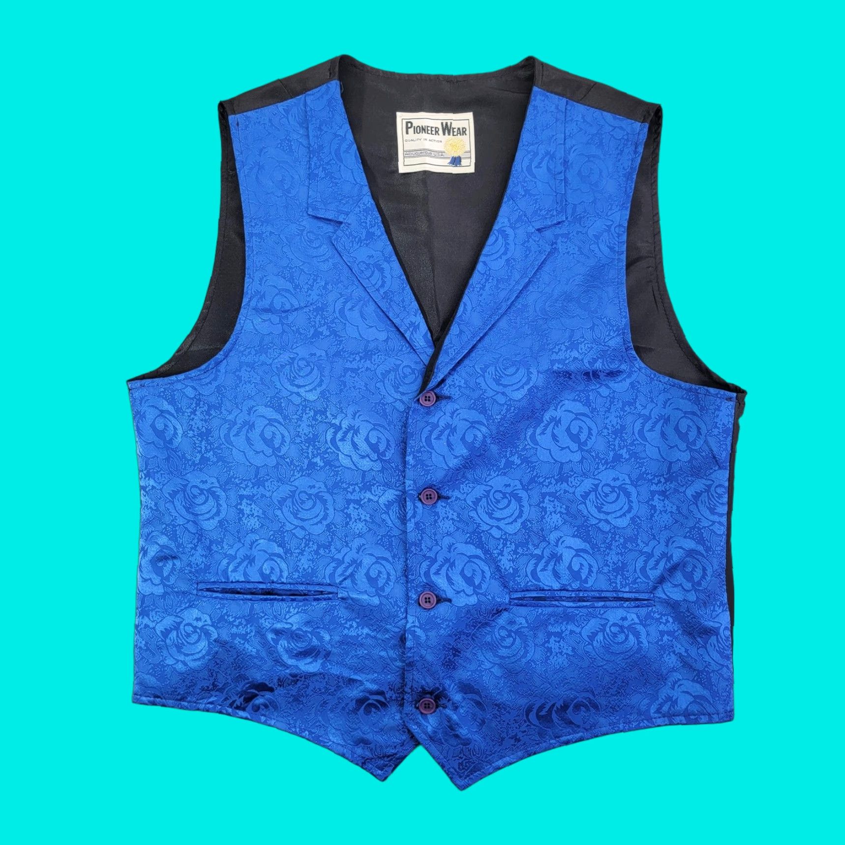 Vintage VINTAGE Pioneer Wear Suit Vest Mens 3 Piece Floral Blue Polyester Belted Made USA 42 44 Regular Notch Four-Button Back Strap Belted Back Mens Size 44R - 1 Thumbnail