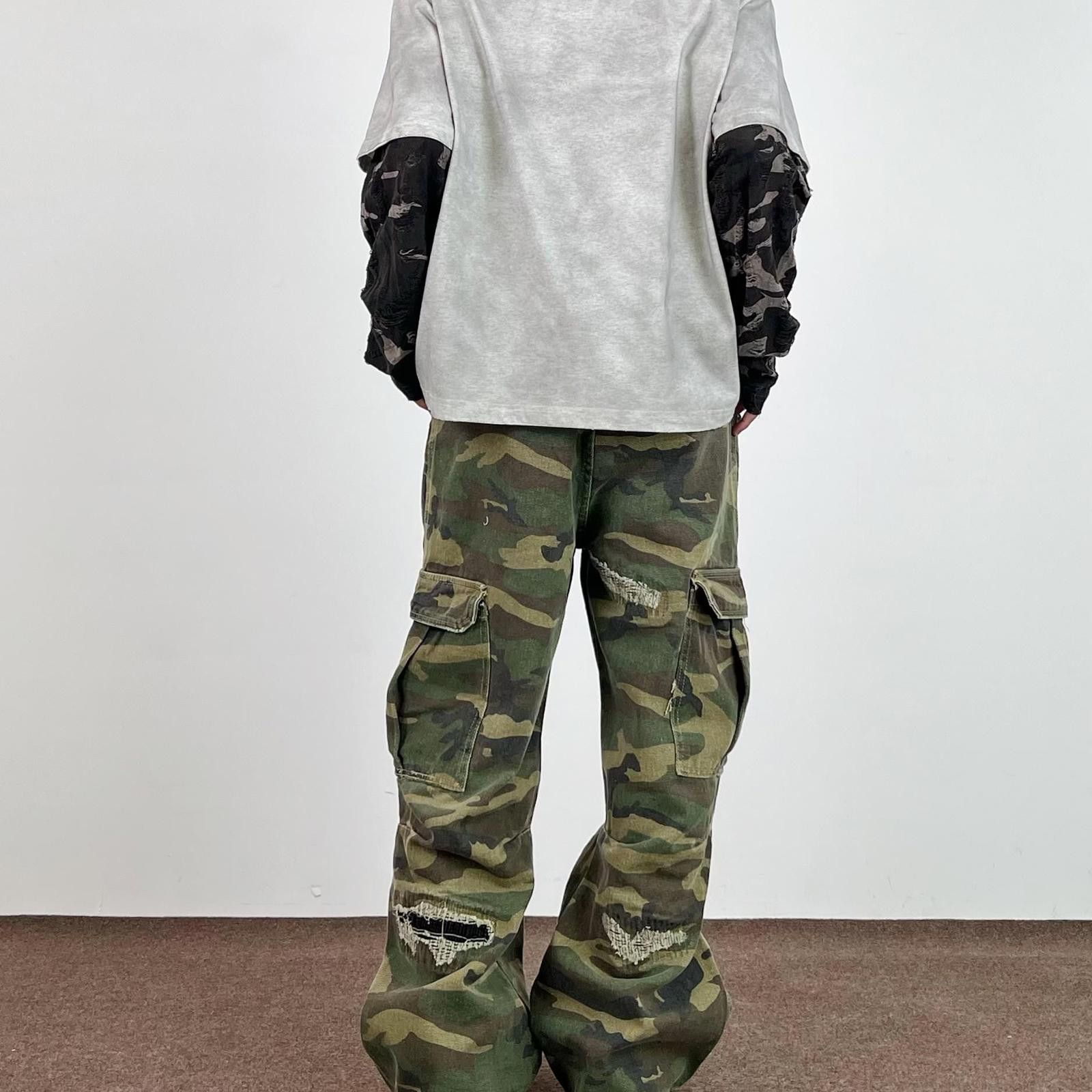 Other Camo Distressed Cargo Stacked Pants, Wide Leg Flared Pants Size US 33 - 4 Thumbnail