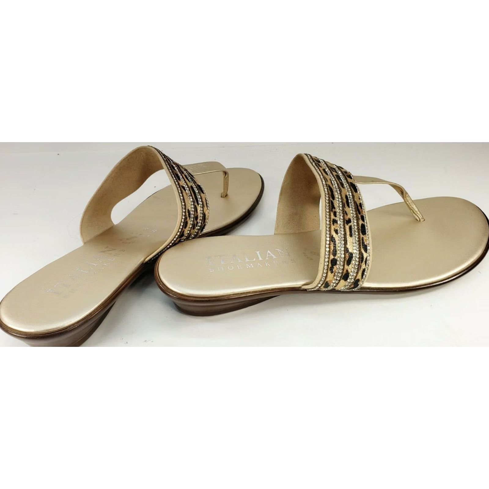 Vintage Italian Shoemakers Sandal Women's 8.5 Gold Toe Post Sandal Crossover Rhinestone Jaguar Pattern White Gold? Size US 9 / IT 39 - 3 Thumbnail