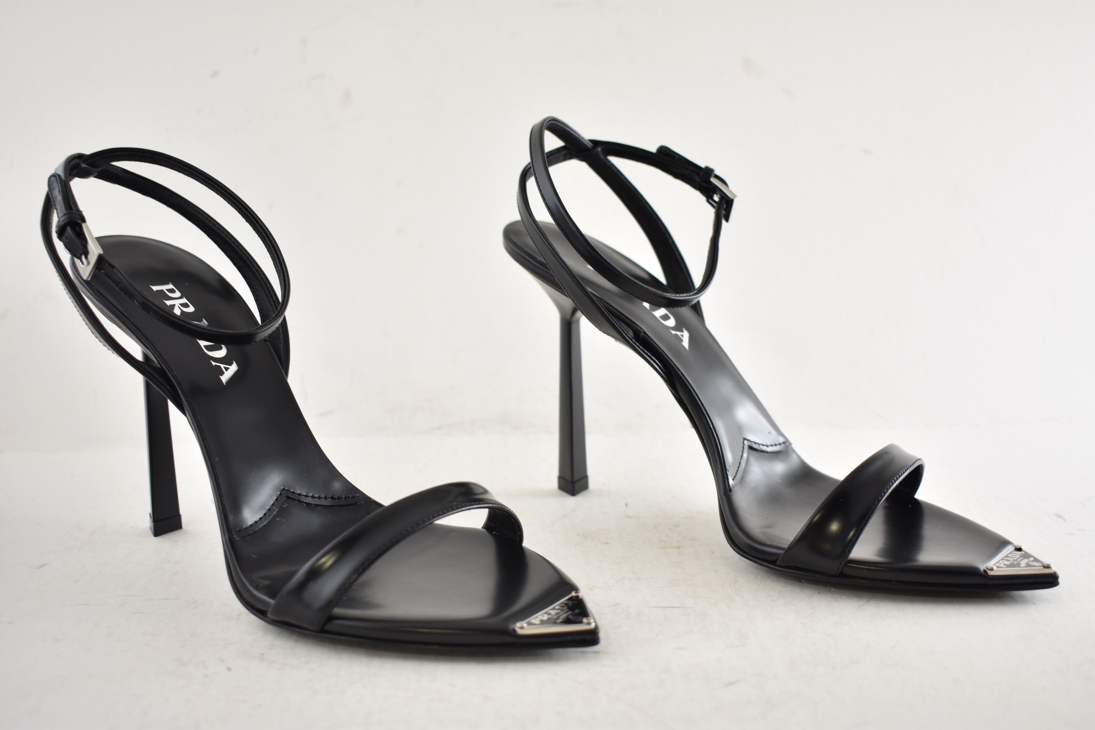 Prada Leather Pointed Toe Logo Ankle Strap Heel Sandal Pump 38 Size US 8 / IT 38 - 4 Thumbnail