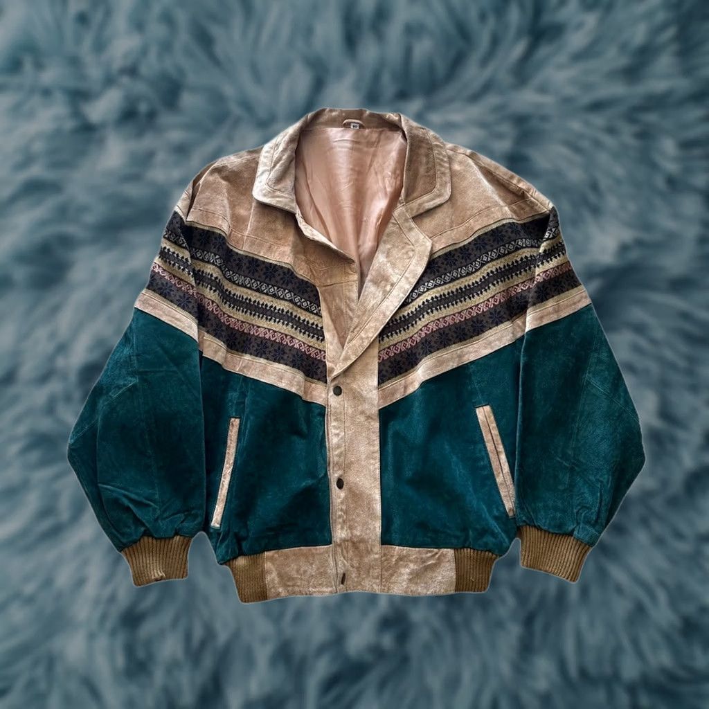 Vintage Vintage Aztec Navajo Bomber Jacket - Inca Style Tan Leather Festival Coat – Unisex Adult Size US M / EU 48-50 / 2 - 1 Thumbnail