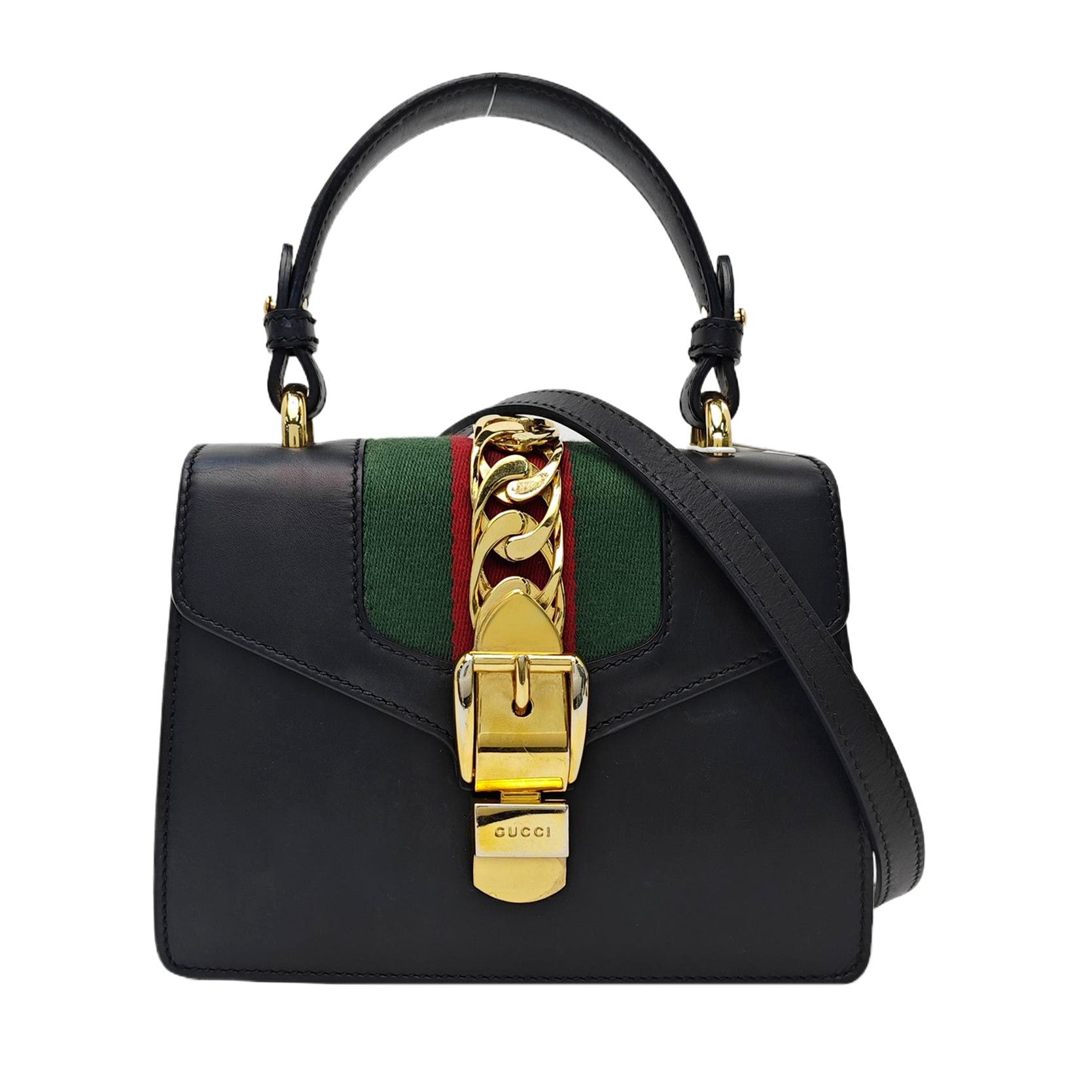 Gucci Gucci Sylvie Mini Black Leather Stripe Shoulder Bag OS Size ONE SIZE - 1 Thumbnail