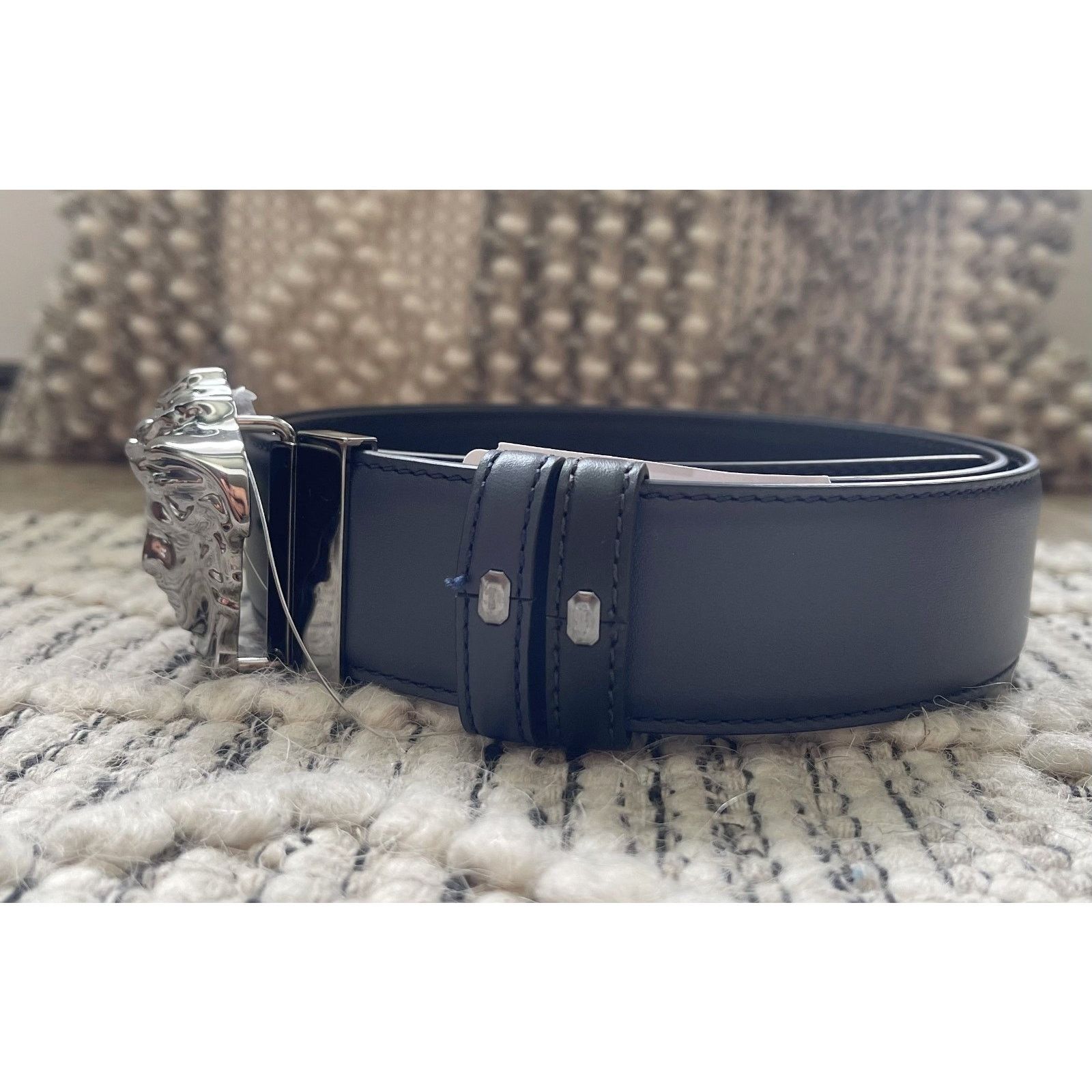 Versace $895 NWT Versace Blue Medusa Logo Leather Belt Size 100(38) Size 38 - 3 Thumbnail
