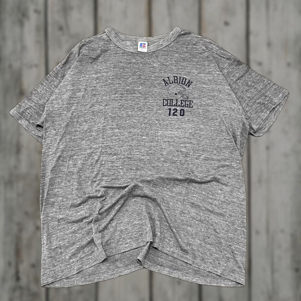 VINTAGE Russell Football T Shirt Mens 2XL Gray USA 80s Thrashed Faded Thin Graphic Print Crew Neck Short Sleeve Men Regular Fit
