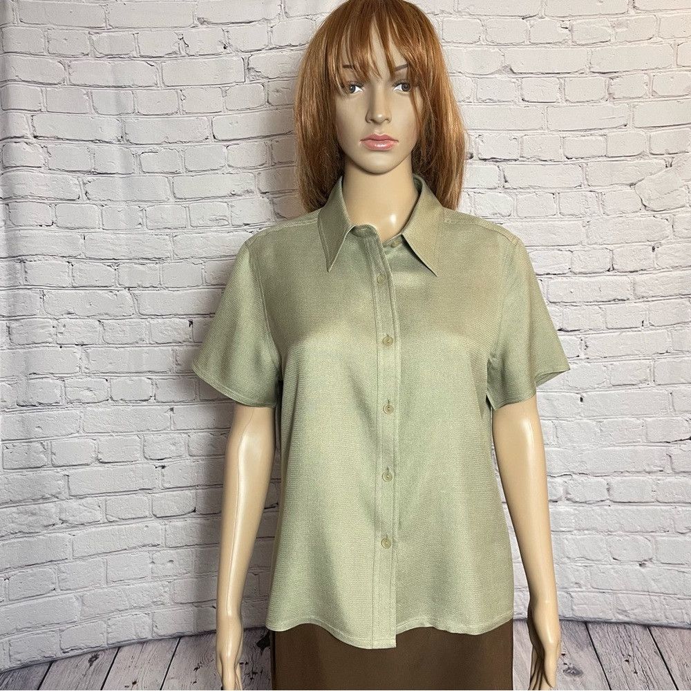 Other City Silk 100% Silk Short Sleeve Olive Blouse Size L Size L / US 10 / IT 46 - 1 Thumbnail