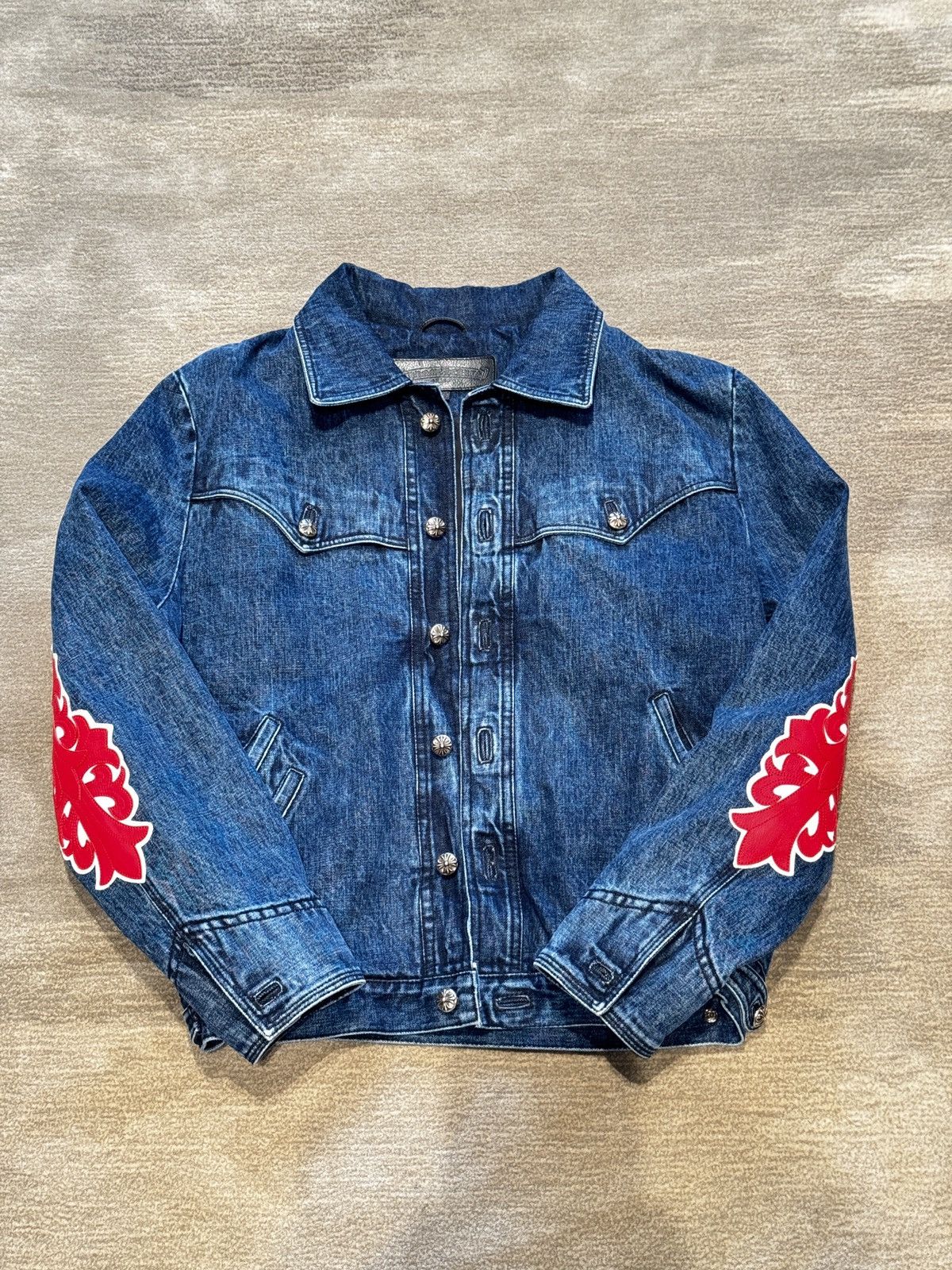 image of Chrome Hearts Fleur Patchwork Denim Jacket in Blue, Men's (Size XL)