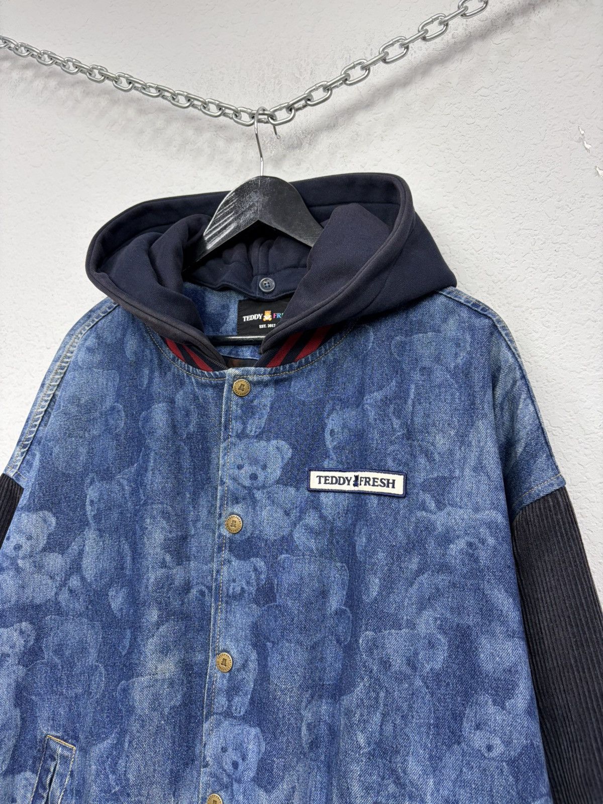 Teddy Fresh Teddy Fresh Denim Varsity Jacket Hybrid All-Over Bear Print Size US L / EU 52-54 / 3 - 16 Thumbnail