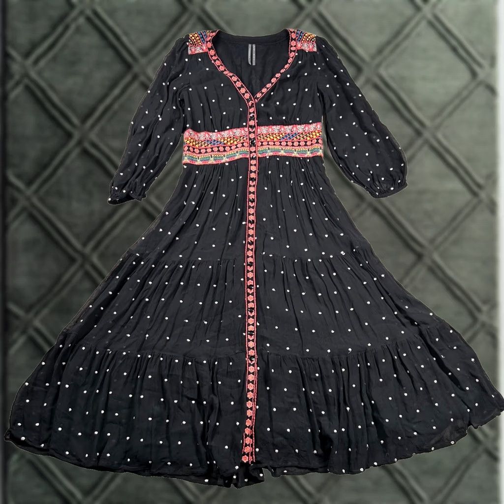 Anthropologie Anthropologie Black Maxi Dress Womens 4 Smocked Tiered Embroidered Polka Dot V Neck Size S / US 4 / IT 40 - 1 Thumbnail