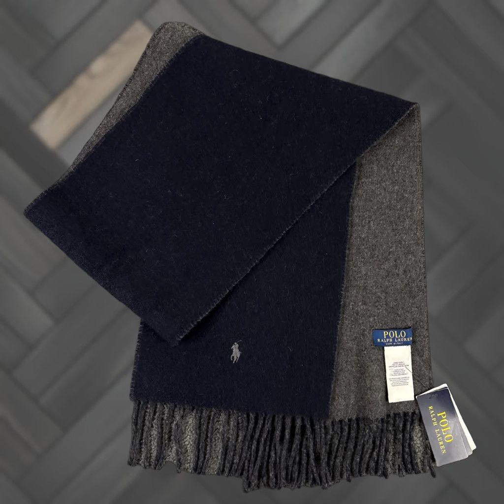 VINTAGE Polo Ralph Lauren Wool Scarf One Size Reversible Blue Gray Pony Fringe Italy Mens Scarf Wool Warm Neck Warmer Winter 90s