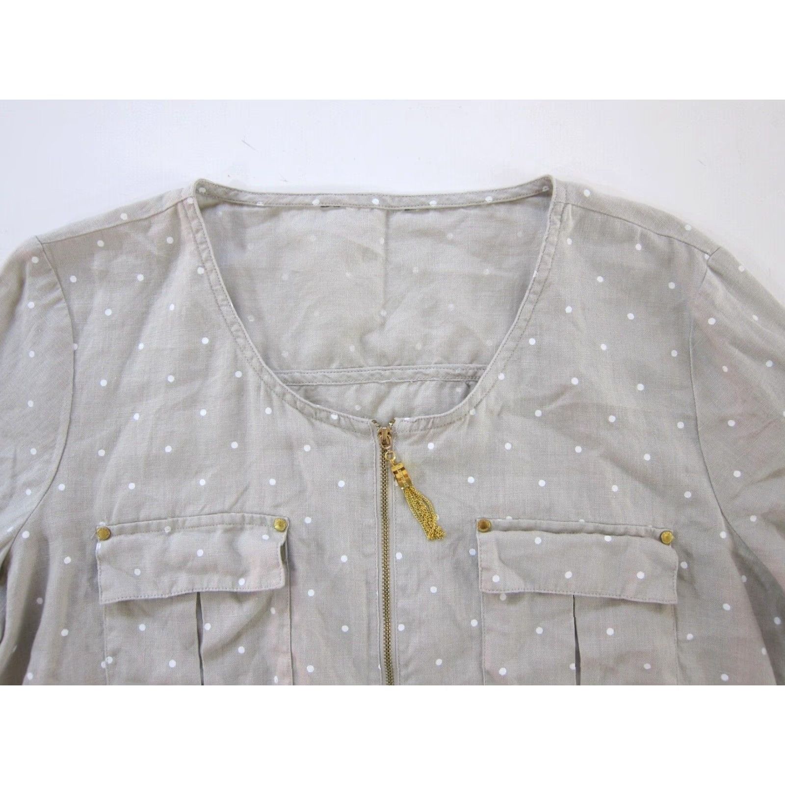 Ellen Tracy Ellen Tracy Blouse Tunic 100% Linen White Brown Polka Dot Gold Zip Pocket Large Size L / US 10 / IT 46 - 7 Thumbnail