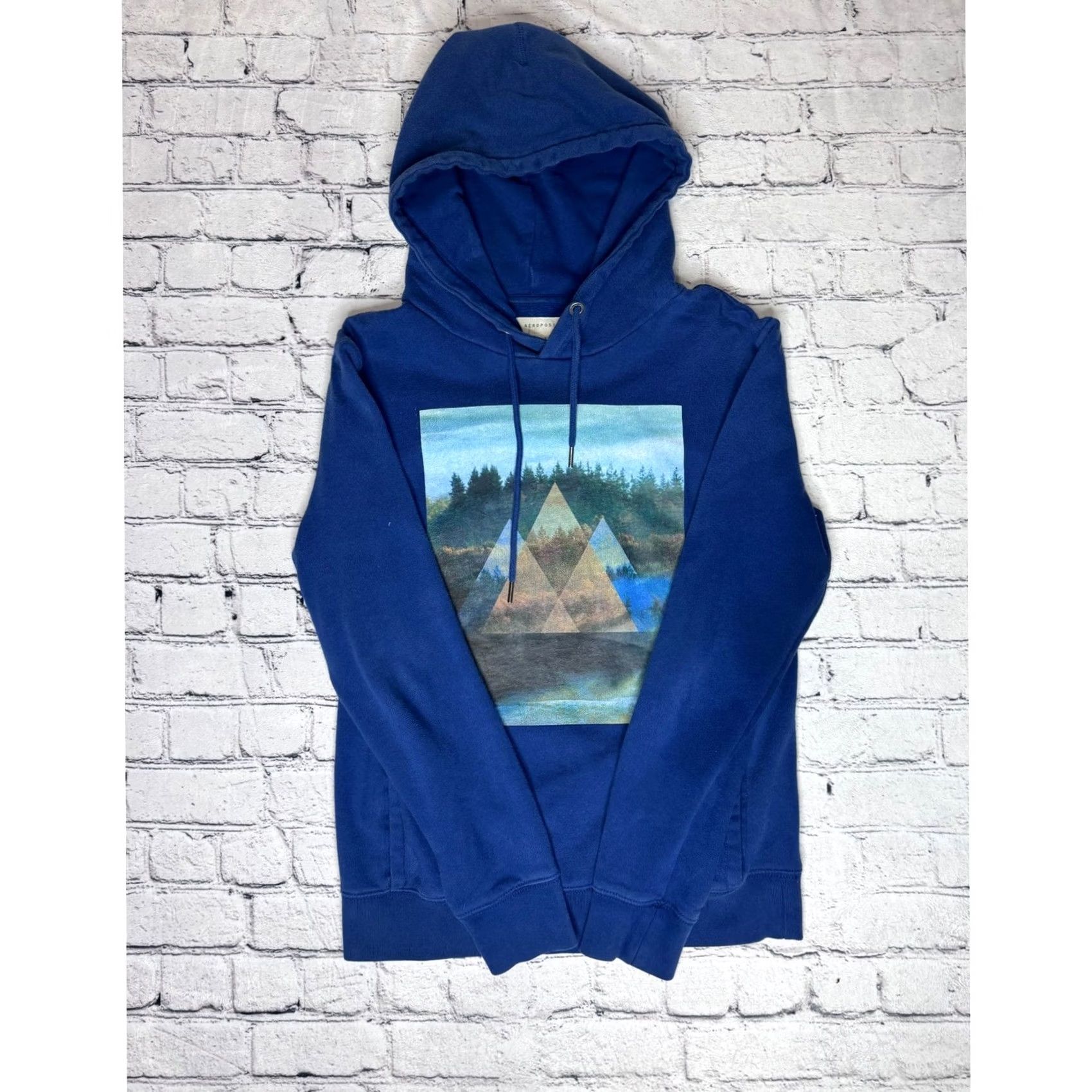 Aeropostale AeroPostale Hoodie Mens Size S Blue Graphic Print Mountains Landscape Pullover Hooded Pockets Crew Neck Nature Modern Casual Size US S / EU 44-46 / 1 - 2 Thumbnail