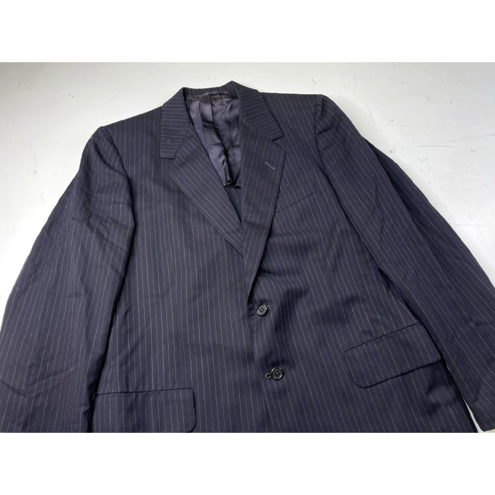 Vintage Oxxford Blazer Jacket Men 42 Athletic Dark Navy Blue Pinstripe Two-Button Single-Vented Regular Length Striped Sports Coat Coat Space Size 42R - 2 Thumbnail