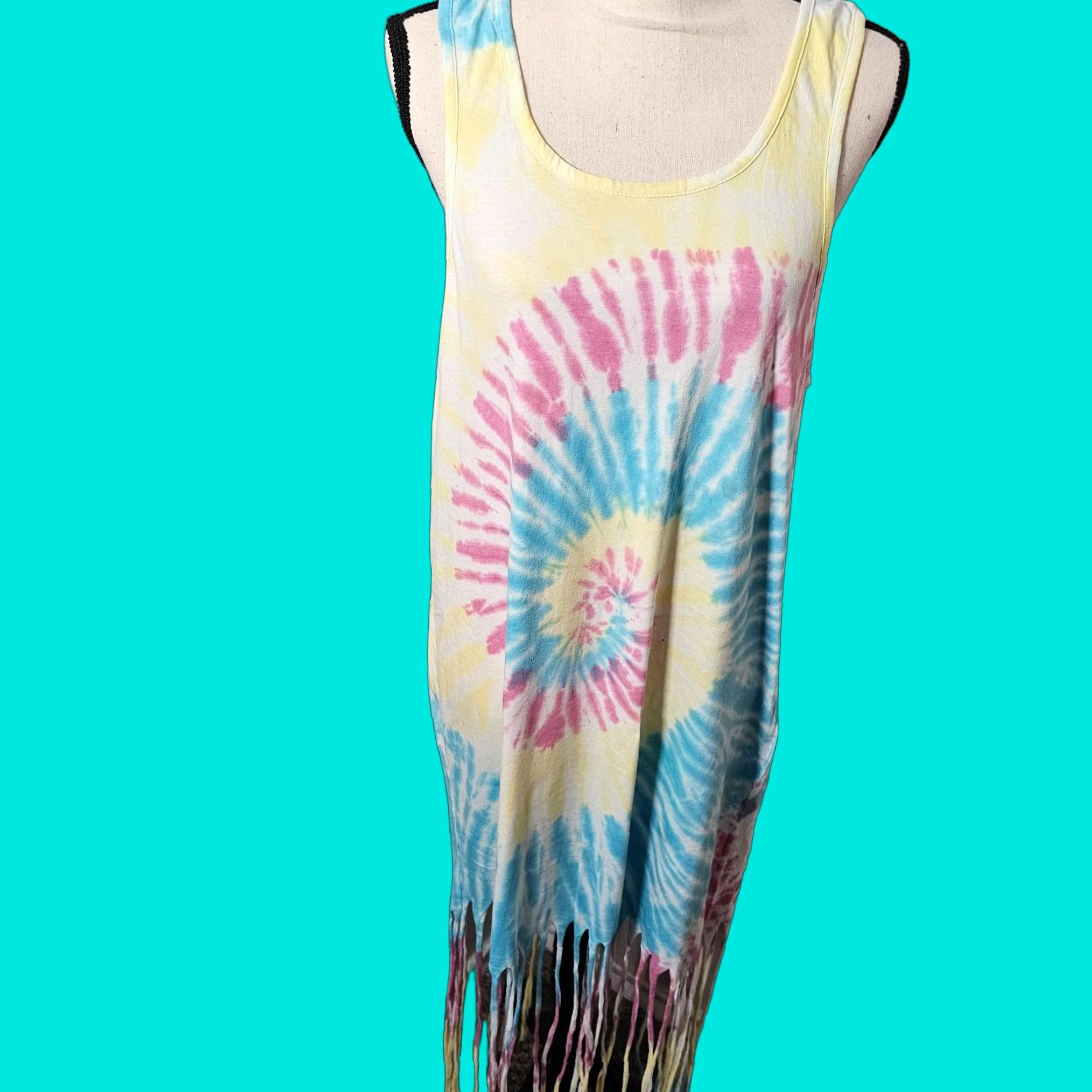 Vintage VINTAGE On Edge Neon Yellow Tie-Dye Tank Dress Size L Fringe Casual Outdoor Womens Size L / US 10 / IT 46 - 1 Thumbnail