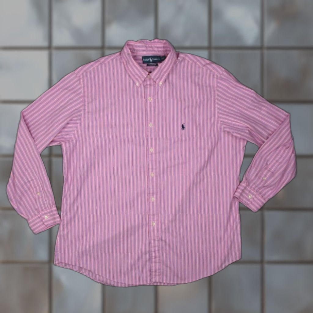 Polo Ralph Lauren VINTAGE Polo Ralph Lauren Pink Striped Dress Shirt Mens 18 34 Button Down Long Sleeve Cotton Size 34R - 1 Thumbnail