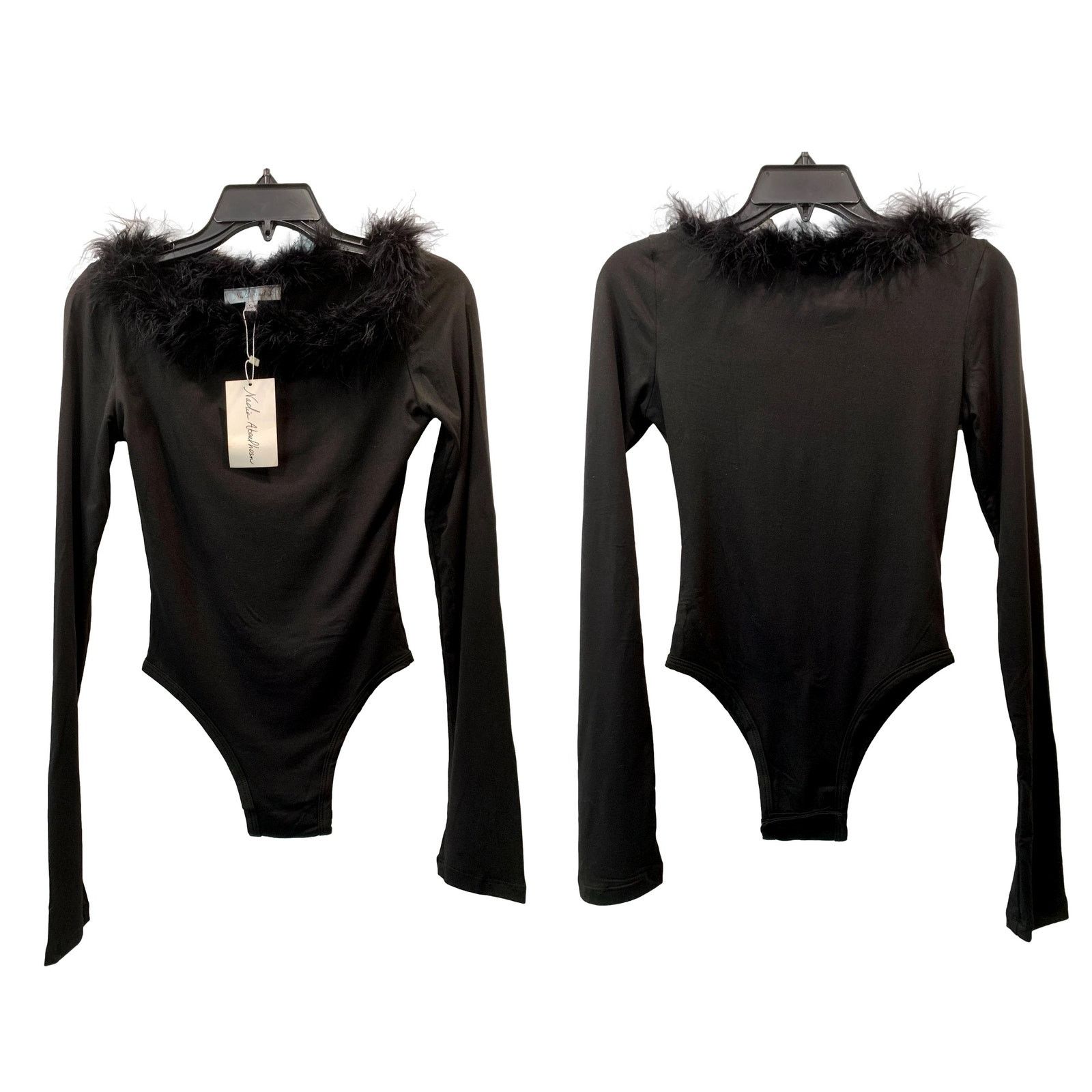 Other NEW Nadia Aboulhosn Black Bodysuit Marabou Trim | S Size S / US 4 / IT 40 - 2 Thumbnail