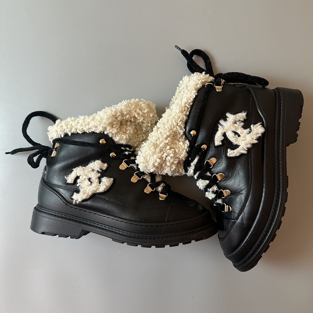 image of Chanel Fw 20-21 “Cc” Lace Up Boots in Black, Women's (Size 7)