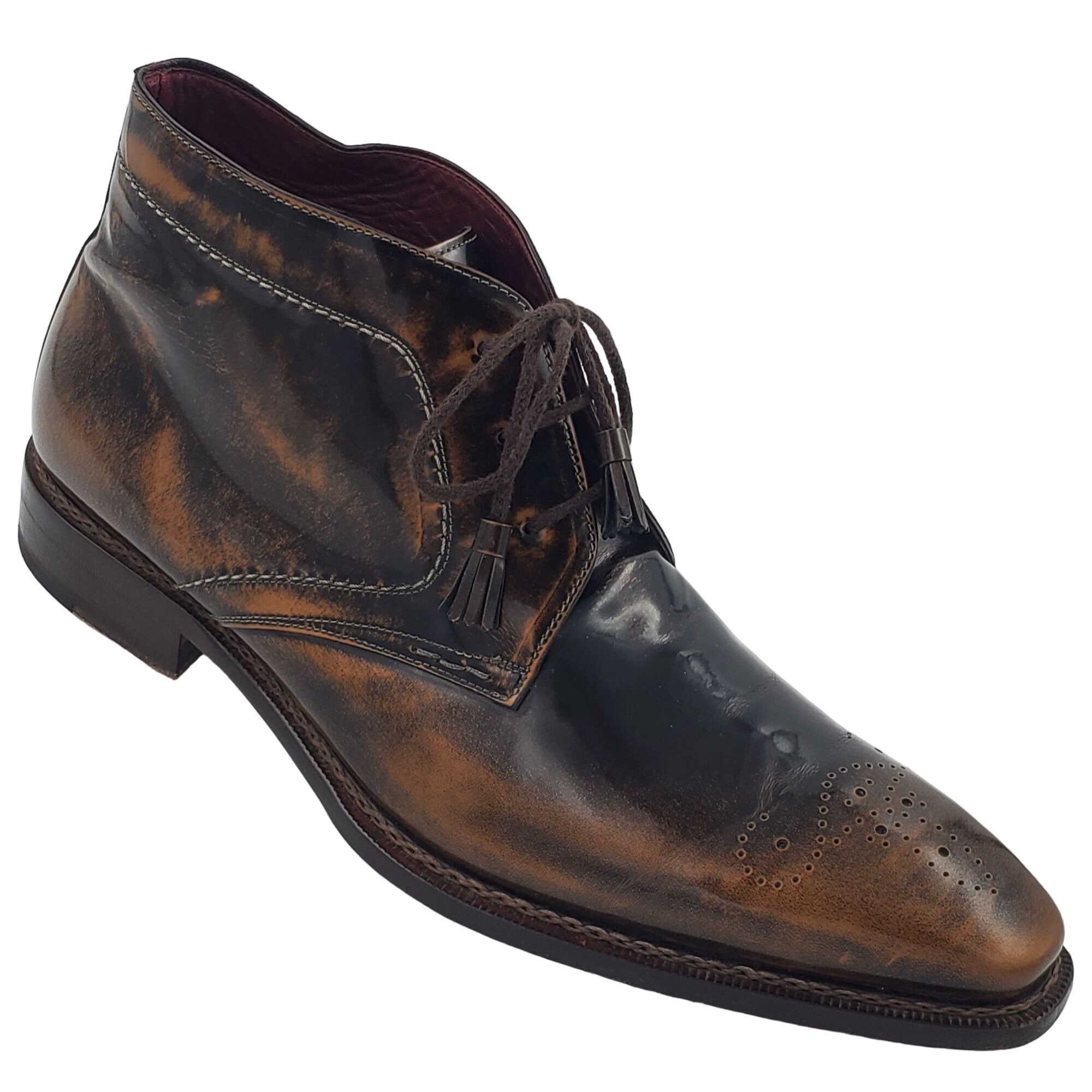 image of Mezlan Cusino Mens 12 Brown Gloss Leather Medallion Toe Boot in Brown Black