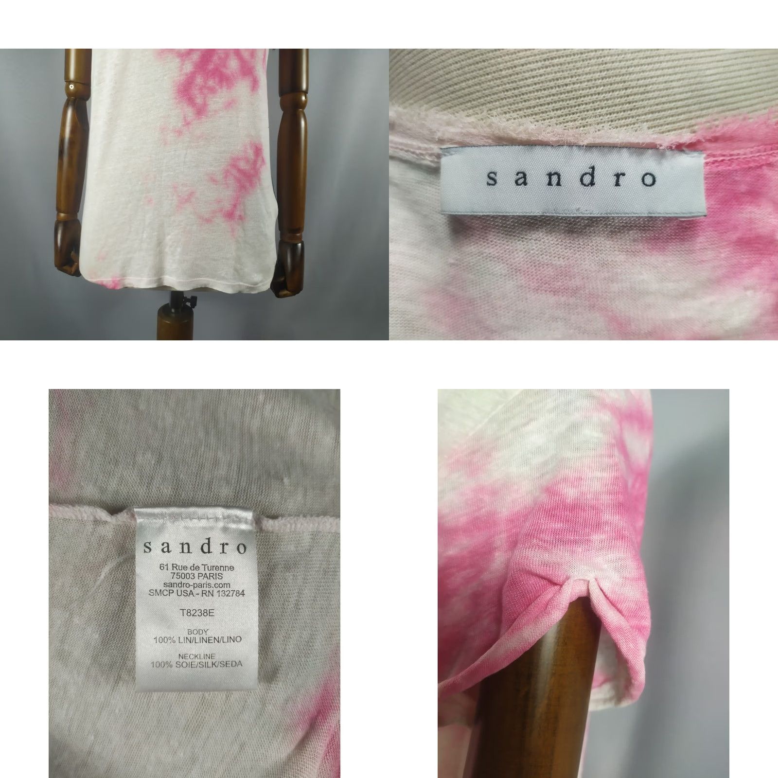 Sandro Sandro Paris Womens Shirt Short Sleeve 100% Linen Size White Pink (Shipping Information) Size M / US 6-8 / IT 42-44 - 8 Thumbnail
