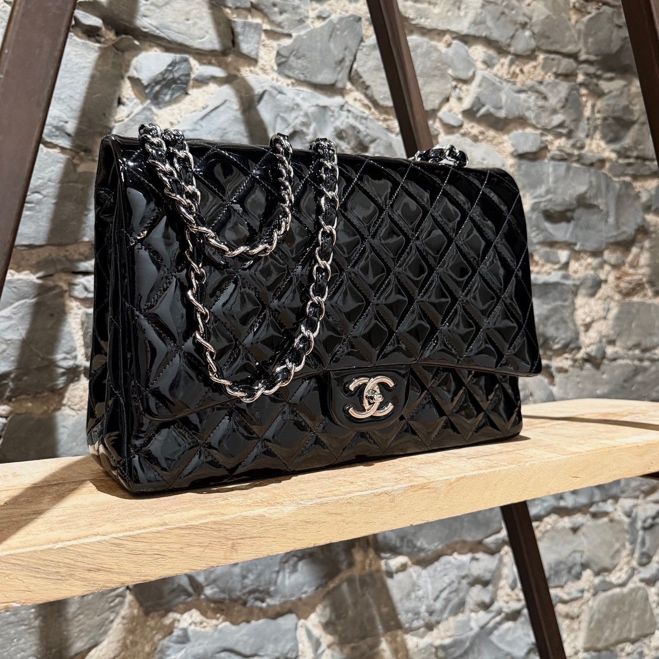 Chanel Chanel Black Patent Leather Maxi Classic Double Flap Bag Size ONE SIZE - 2 Thumbnail
