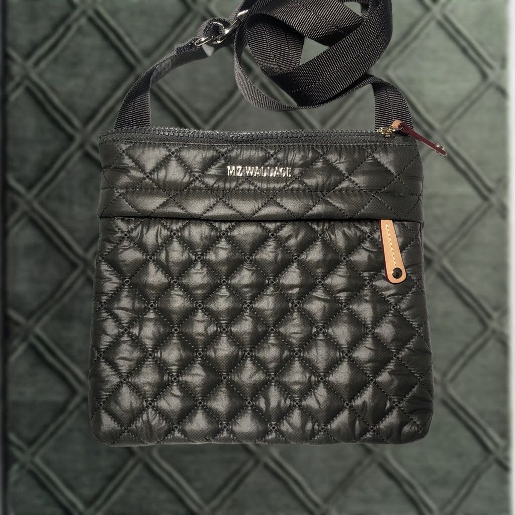 MZ Wallace MZ Wallace Bag Womens Small-Medium Metro Flat Crossbody Grey Olive Quilted Fabric Leather Trim Size ONE SIZE - 1 Thumbnail