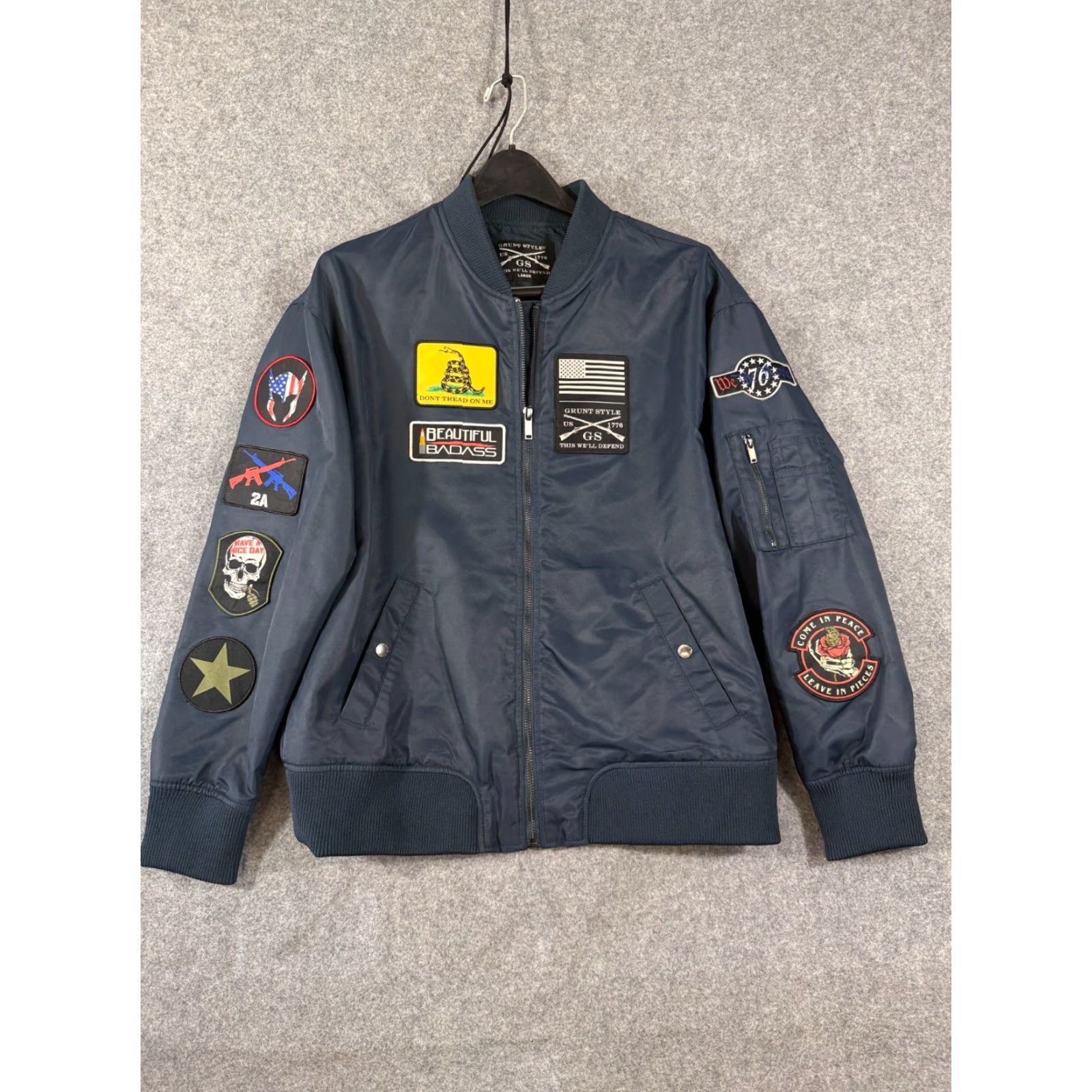 Vintage Grunt Style Bomber Jacket Women L Navy Full Zip Lined Patches Size L / US 10 / IT 46 - 3 Thumbnail