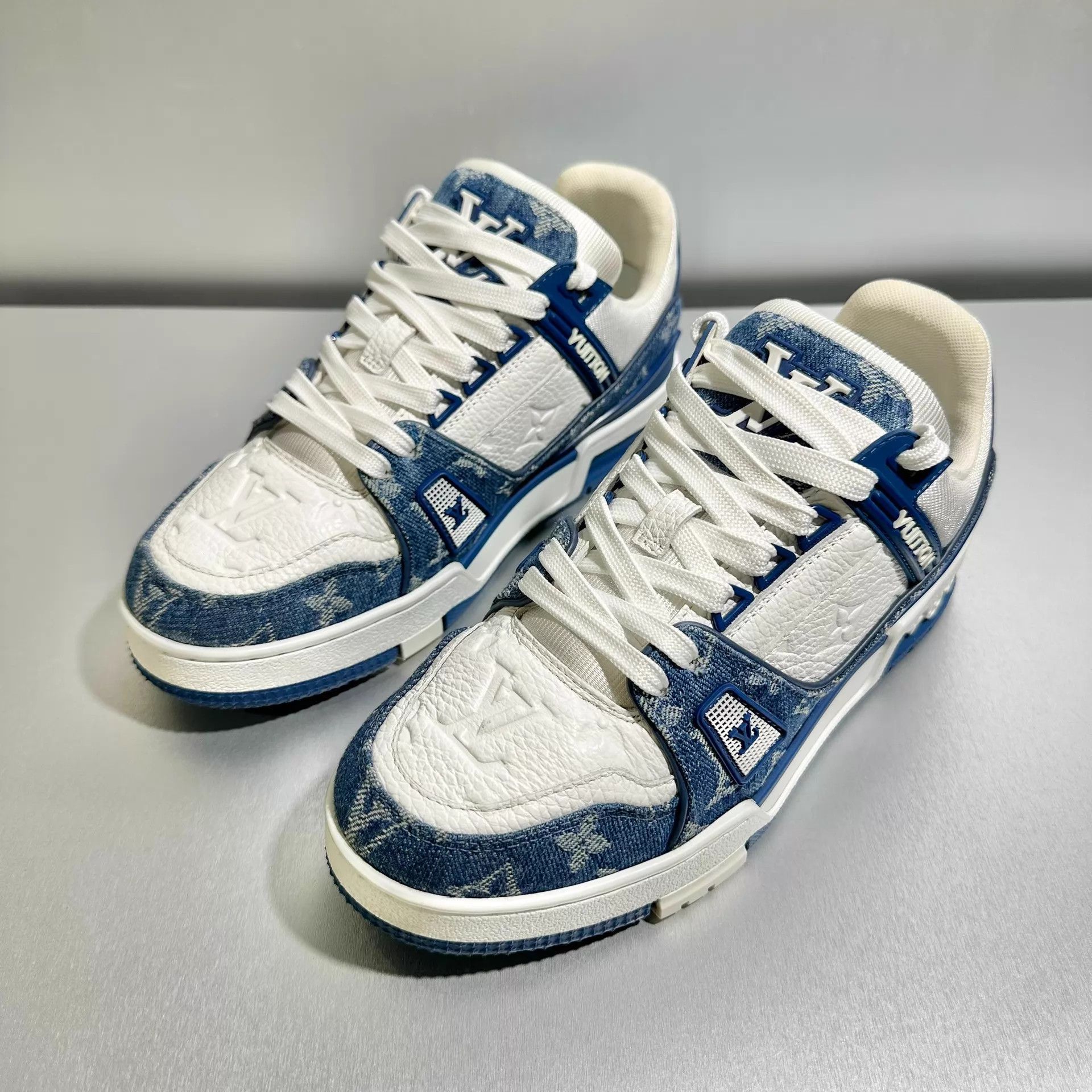 Louis Vuitton LV Trainer White Blue Denim 37.5 2-3x Worn Mint Size US 7 / IT 37 - 1 Thumbnail