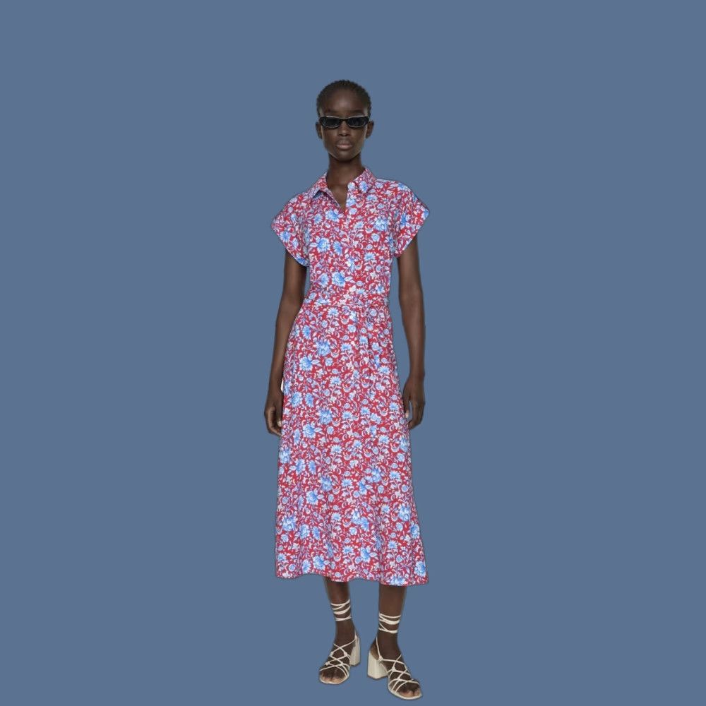 Mango Mango Shirt Dress Womens Medium Red Floral Collared Belted Fit & Flare Midi Shirt Dress Size M / US 6-8 / IT 42-44 - 1 Thumbnail