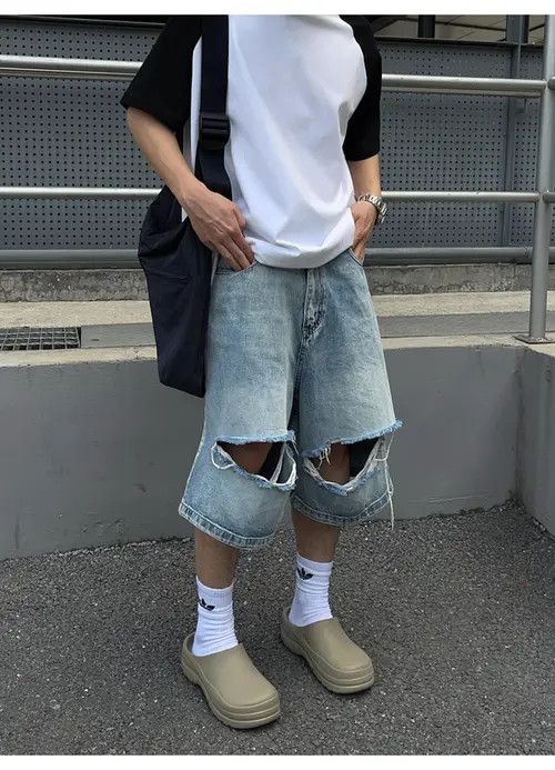 Jean Men's Distressed Denim Shorts, Ripped Baggy Jean Shorts Size US 30 / EU 46 - 2 Thumbnail
