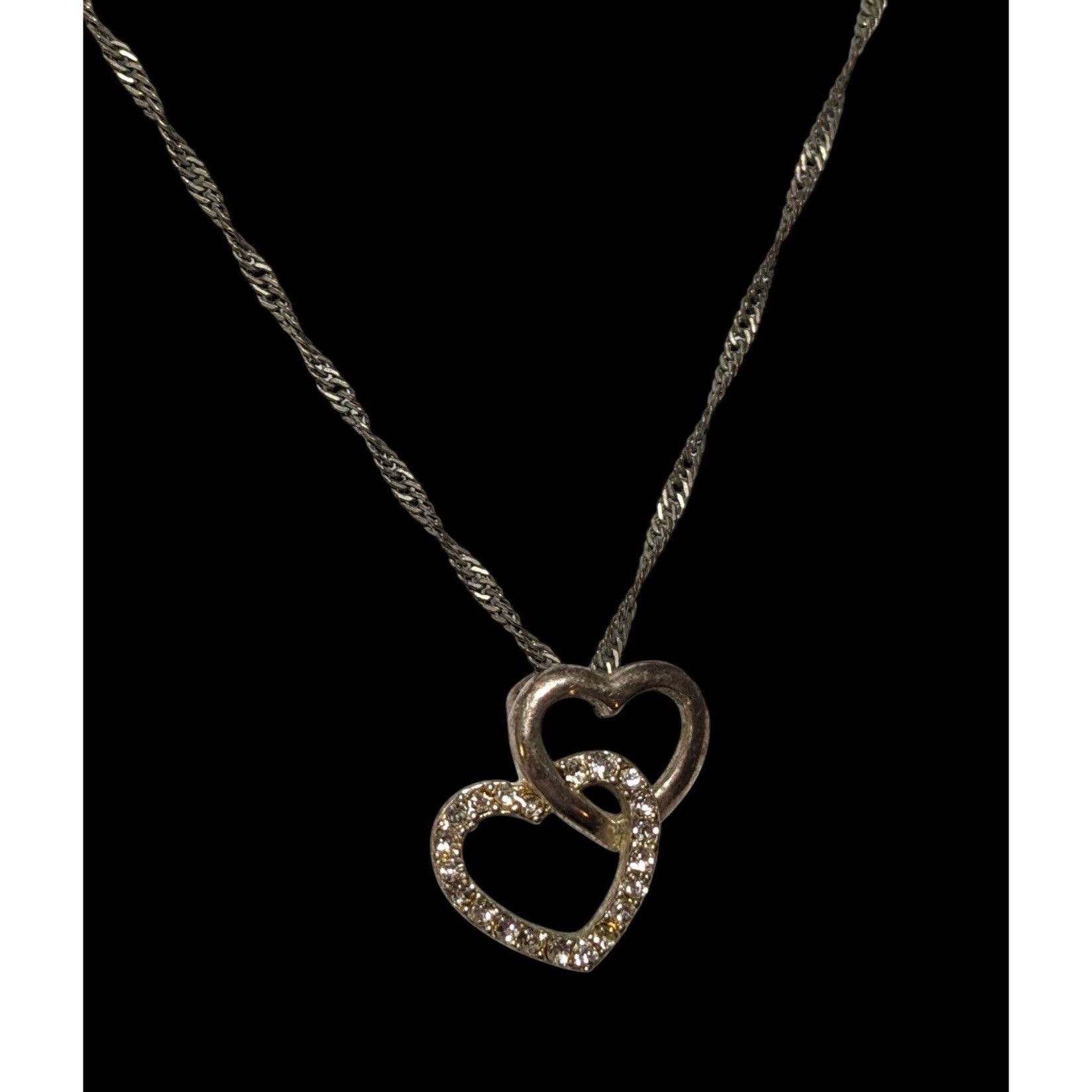 Other Silver Tone Rhinestone Double Heart Pendant Necklace Size ONE SIZE - 5 Thumbnail