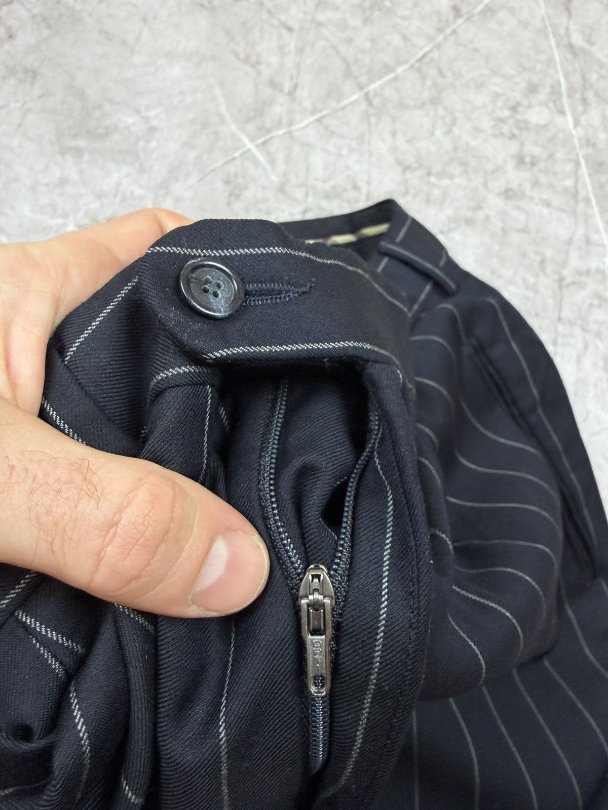 Burberry Burberry Pinstripe Pants Black Navy Wool Pleated Plaid Trim Size US 36 / EU 52 - 7 Thumbnail
