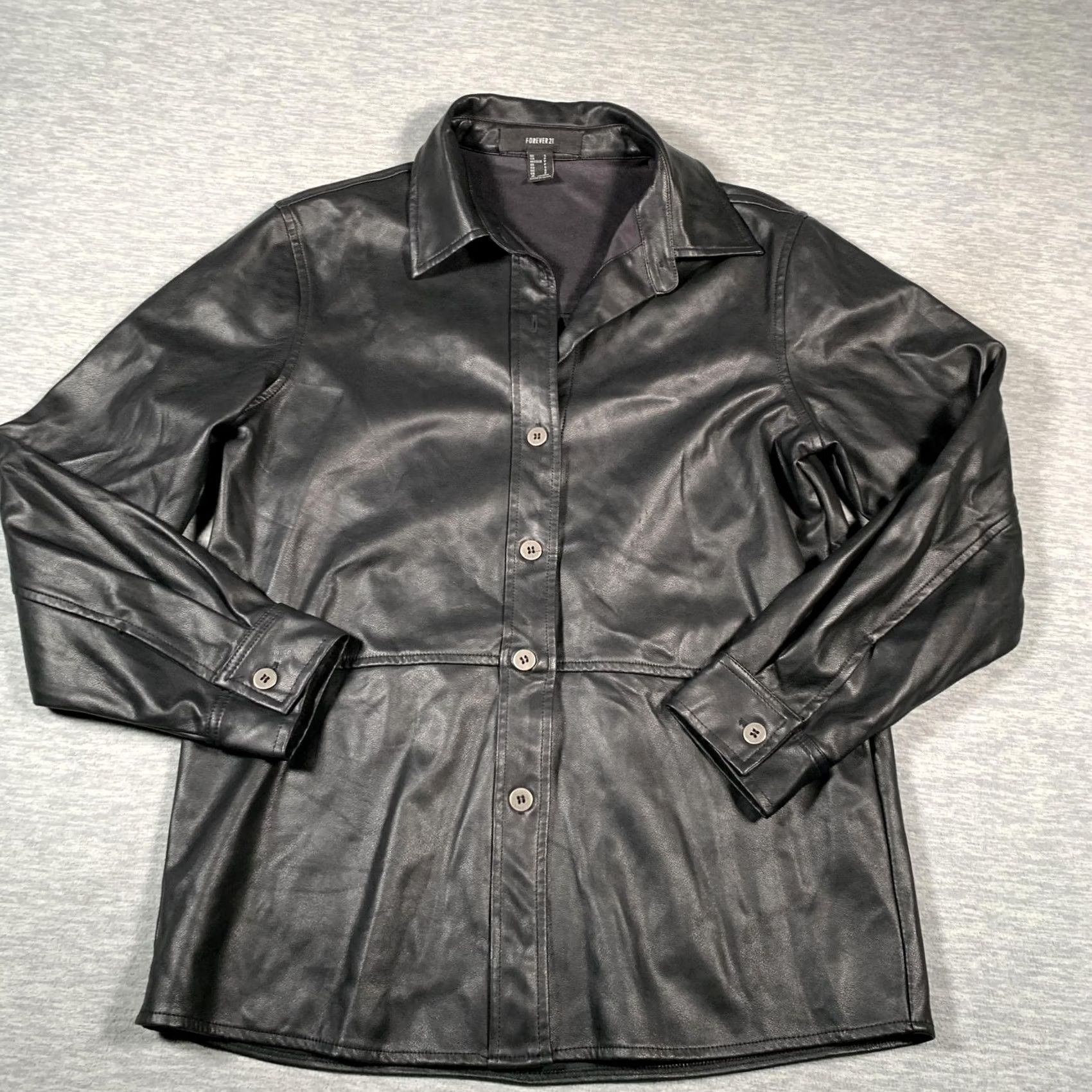 Forever 21 Forever 21 Jacket Womens Large Black Faux Leather Shirt Shacket Button Front Size L / US 10 / IT 46 - 2 Thumbnail