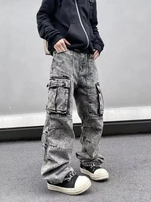 High Street Washed Heavy Duty Pocket Cargo Jeans