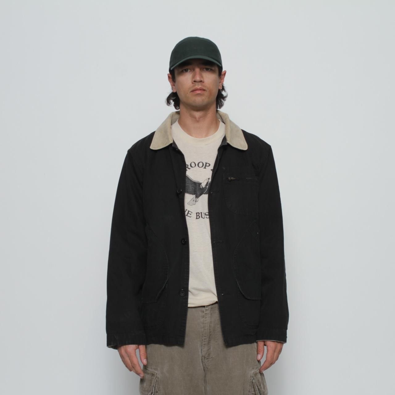 Vintage BLACK BUTTON UP CHORE JACKET WITH TAN CORDUROY COLLAR Size US L / EU 52-54 / 3 - 1 Thumbnail