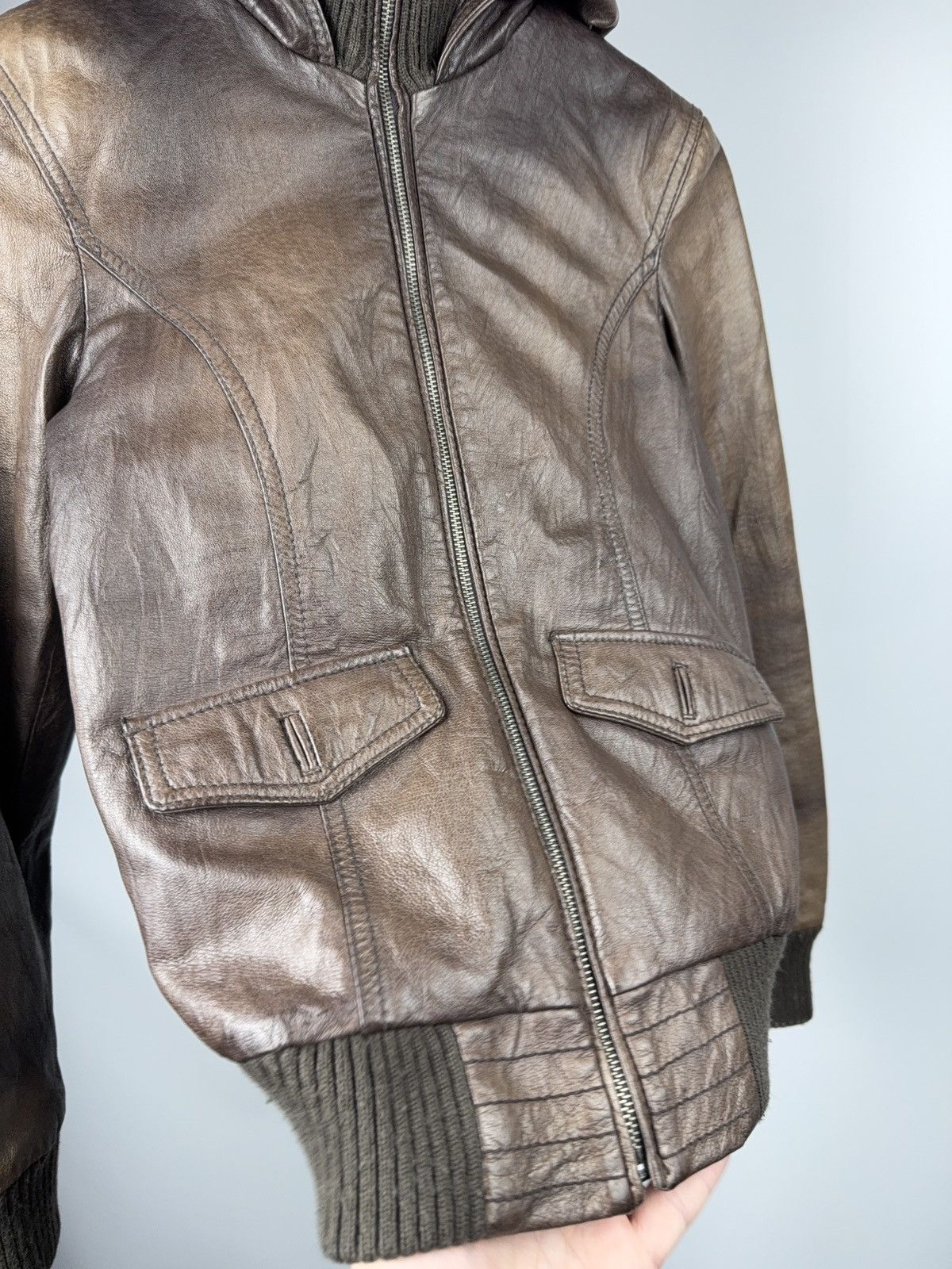 Japanese Brand 90s Retro Avant Garde Brown Leather Hooded Aviator Jacket Size XS / US 0-2 / IT 36-38 - 6 Thumbnail