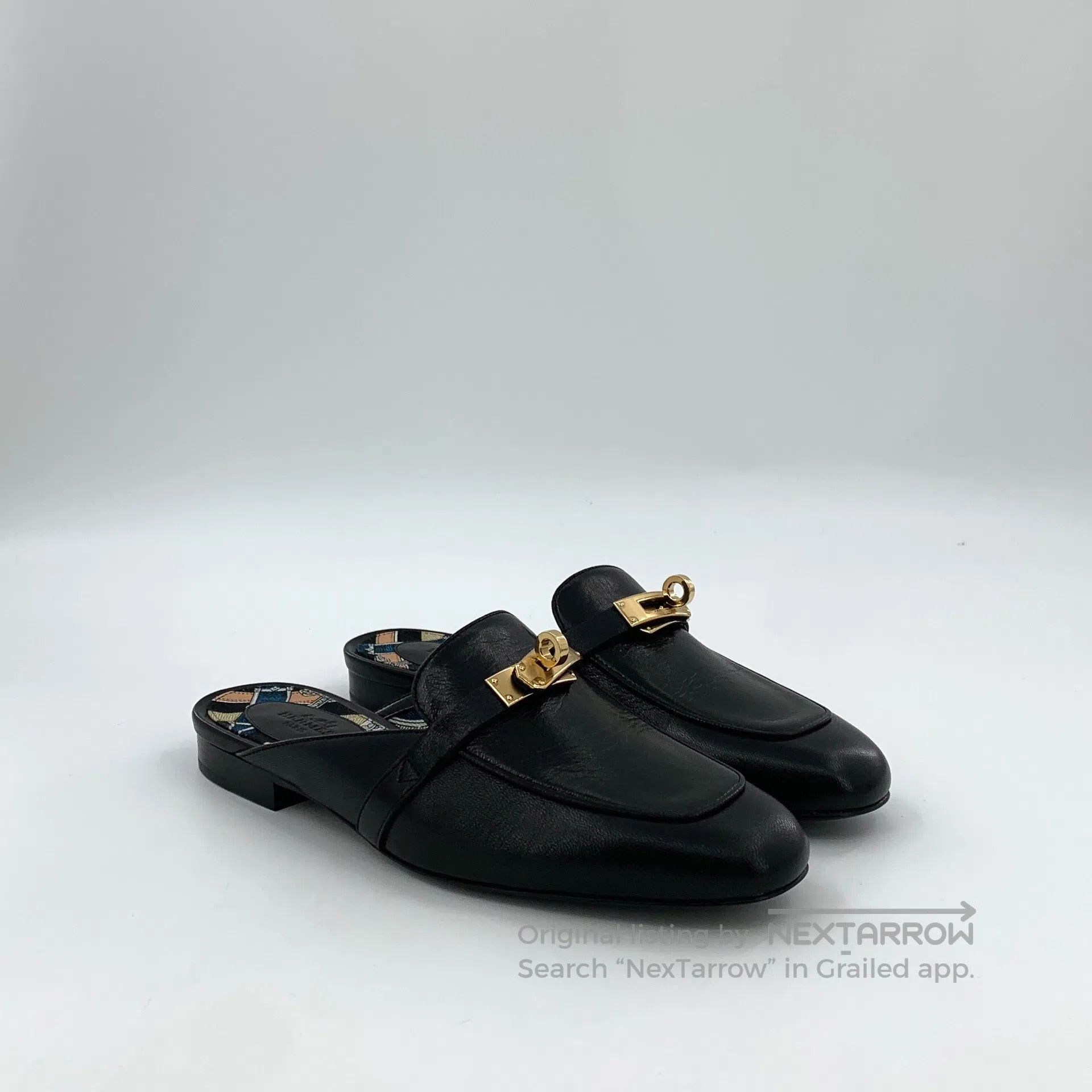 Hermes Hermes Black Leather Round Toe Casual Flat Mule Slippers| Size US 5.5 / IT 35.5 - 2 Thumbnail