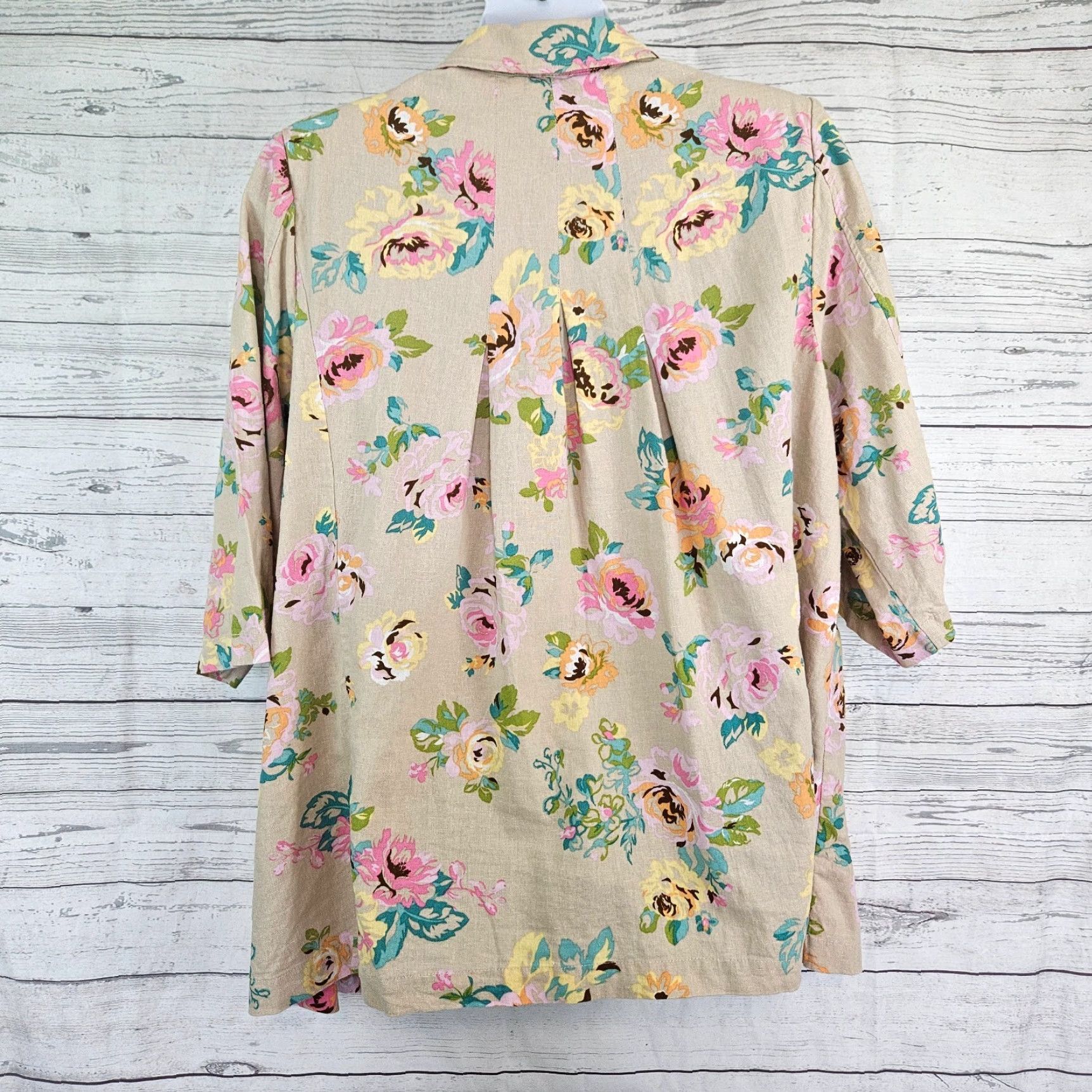 Vintage Woman Within Womens Button Front Top 1X Pink Floral Linen Blend Shirt Womens Size XL / US 12-14 / IT 48-50 - 3 Thumbnail