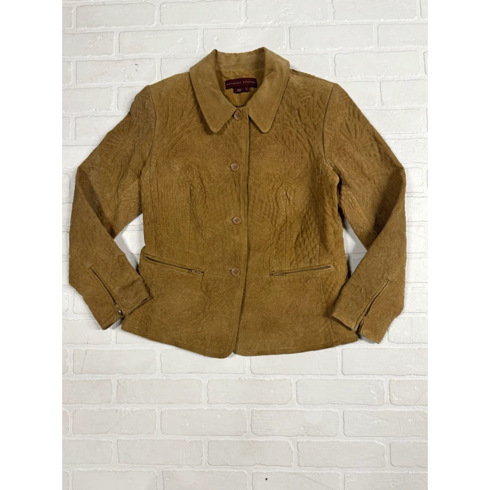 Vintage Margret Godfrey Leather Jacket Women’s L Tan Button Up Embroidered Geometric Jacket Size L / US 10 / IT 46 - 2 Thumbnail