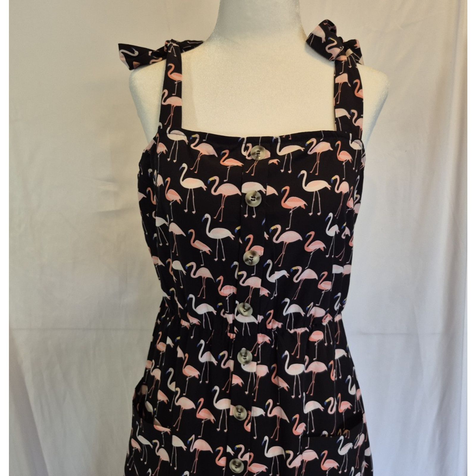 Other New Yumi Black Smocked Pink Flamingo Print Flare Dress US 8 Size M / US 6-8 / IT 42-44 - 2 Thumbnail