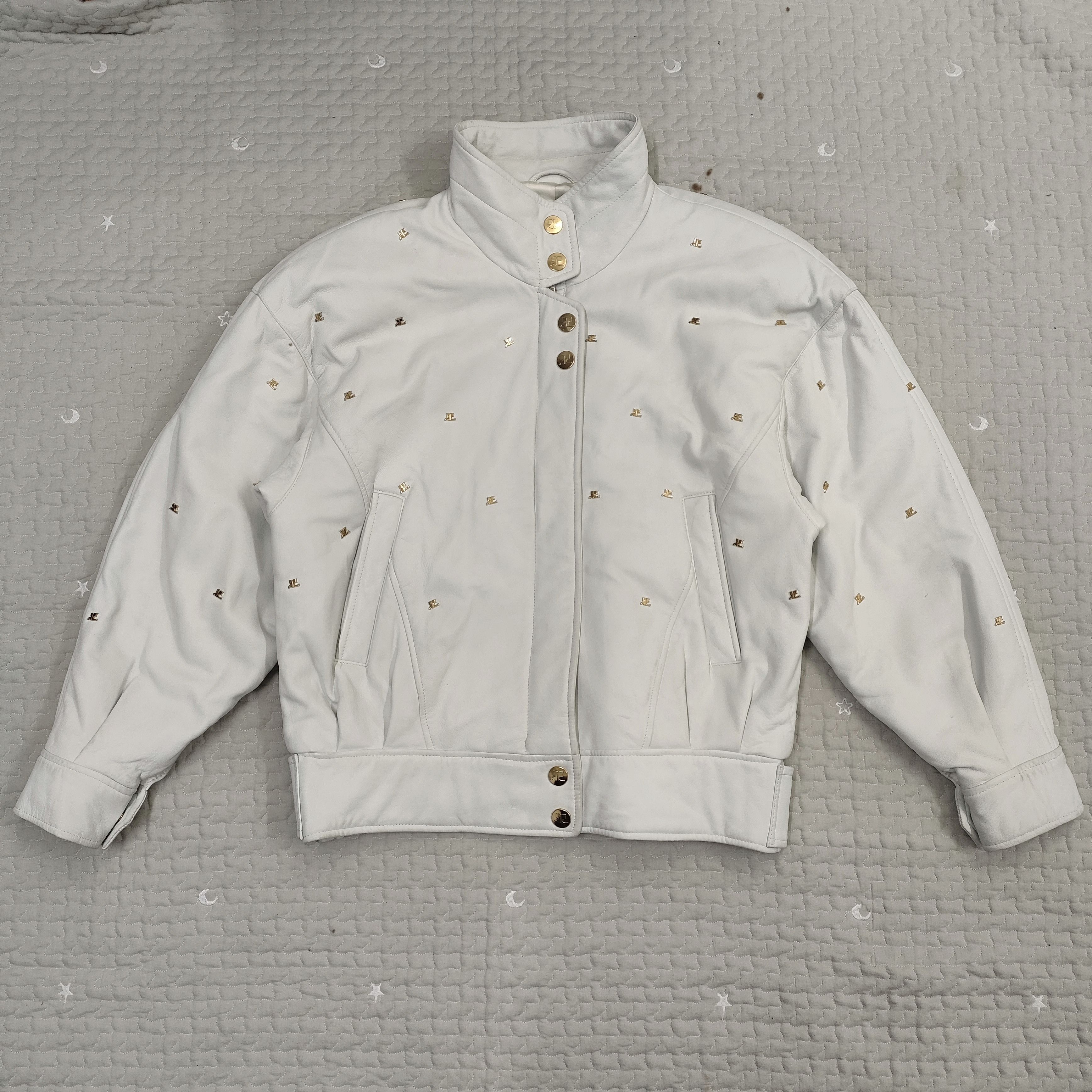 image of Courreges Paris Stud Logo Leather White Jacket, Men's (Size Large)