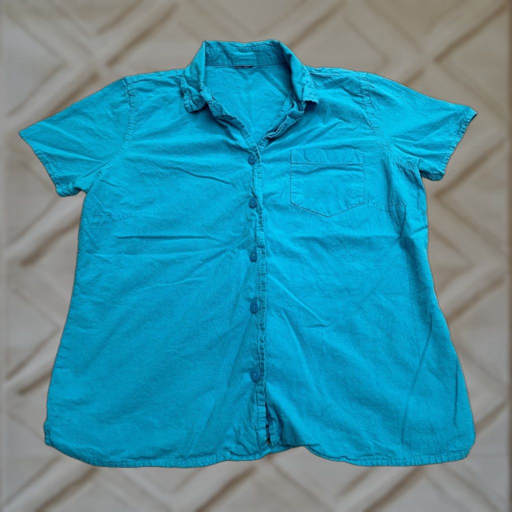 Vintage Unbranded Button Down Shirt Womens L Blue Short Sleeve Pocket Casual Top Size L / US 10 / IT 46 - 1 Thumbnail