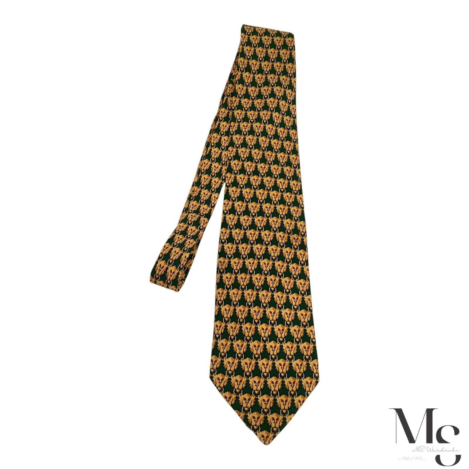 Battistoni BATTISTONI XL BAT 948 Green Yellow Lion Head Print Silk Tie Size ONE SIZE - 7 Thumbnail